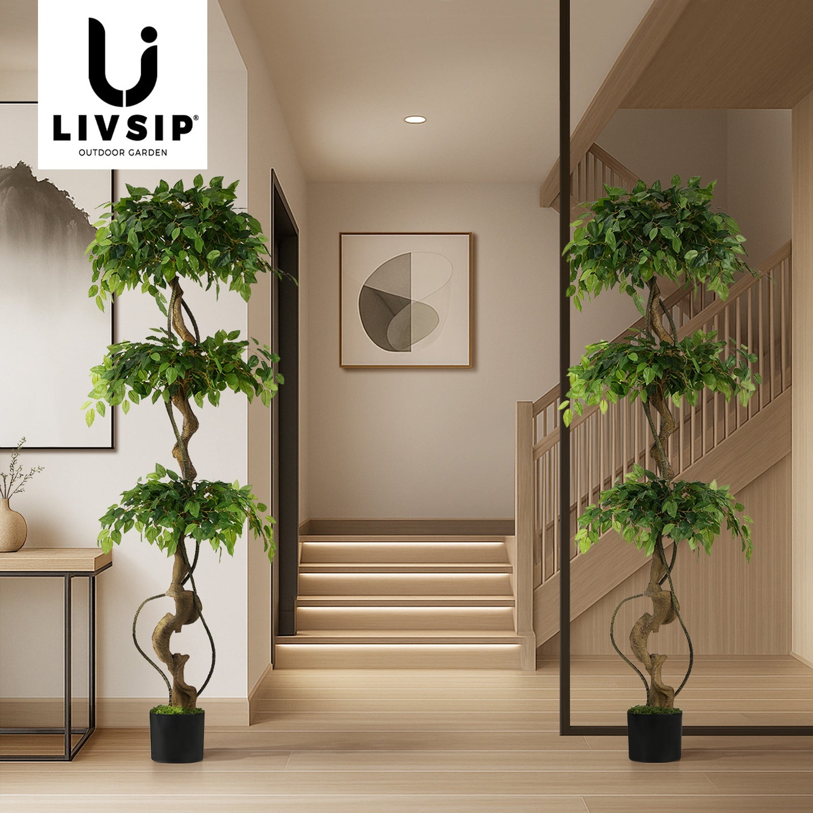 Livsip 2PCS Artificial Ficus Tree 180cm Large Twisted Ficus Faux Potted Plant - Sunyee