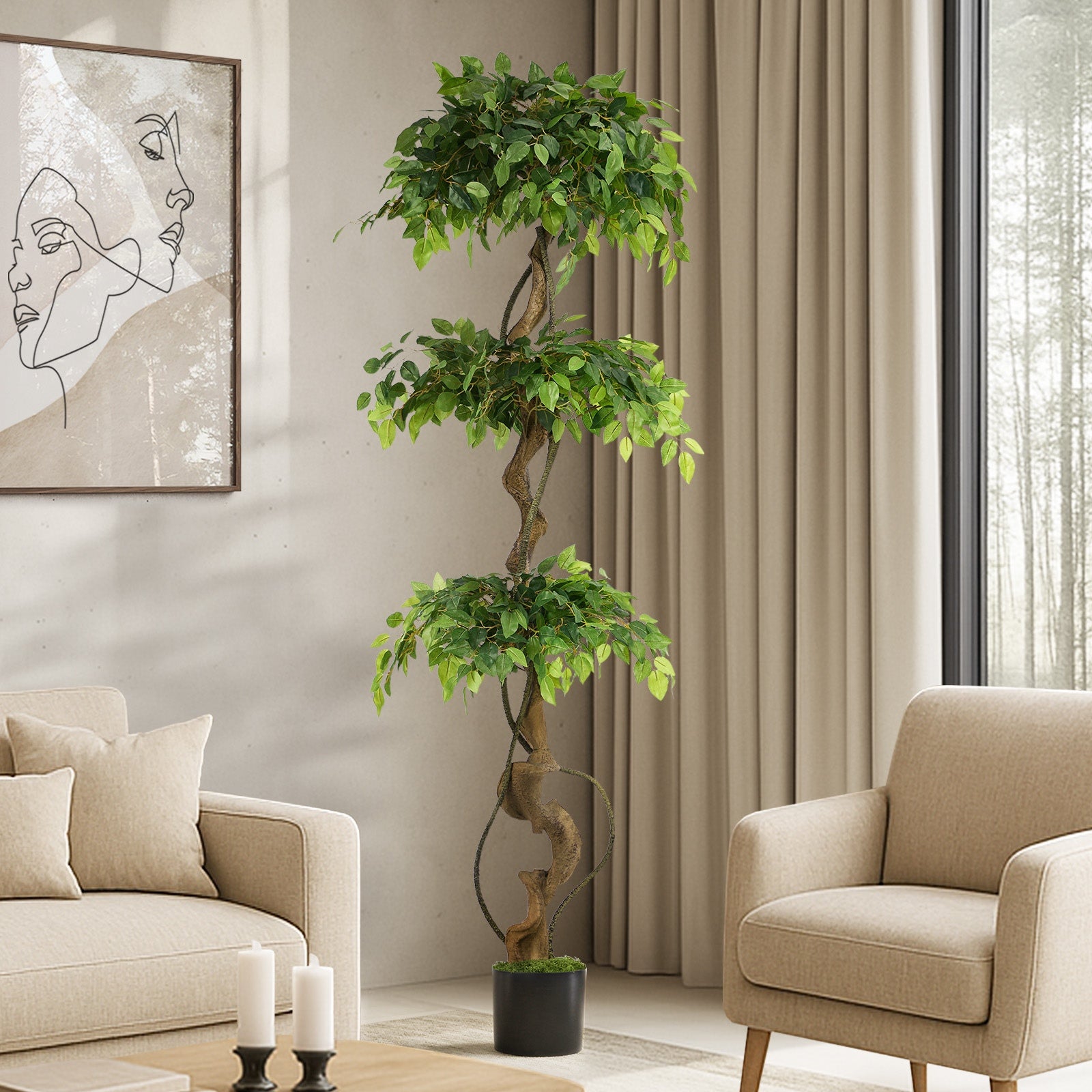 Livsip 180cm Artificial Ficus Tree Large Twisted Ficus Faux Potted Plant - Sunyee