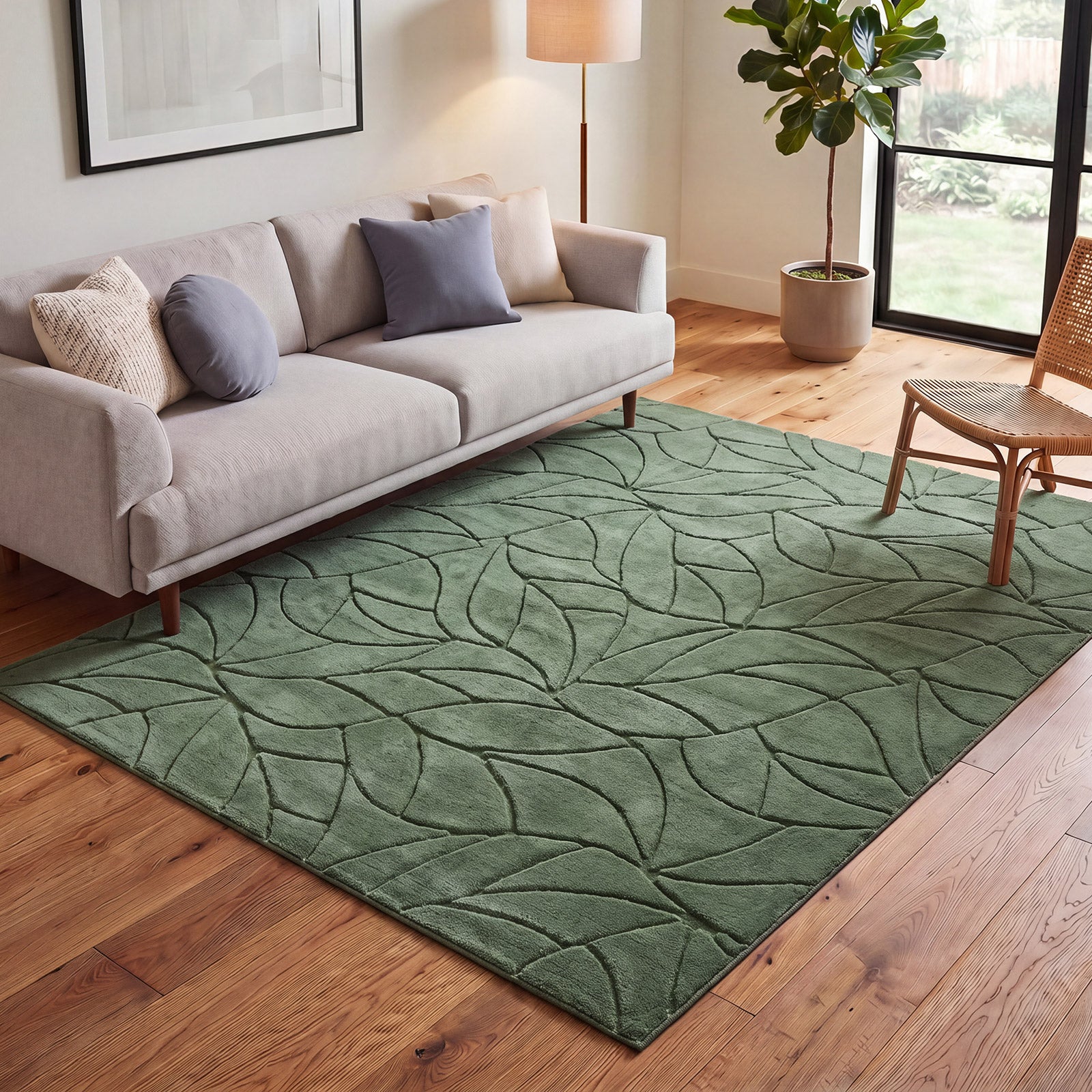 Oikiture Textured Leaf Jacquard Area Rug Floor Carpet Soft Decor 160X230cm Green