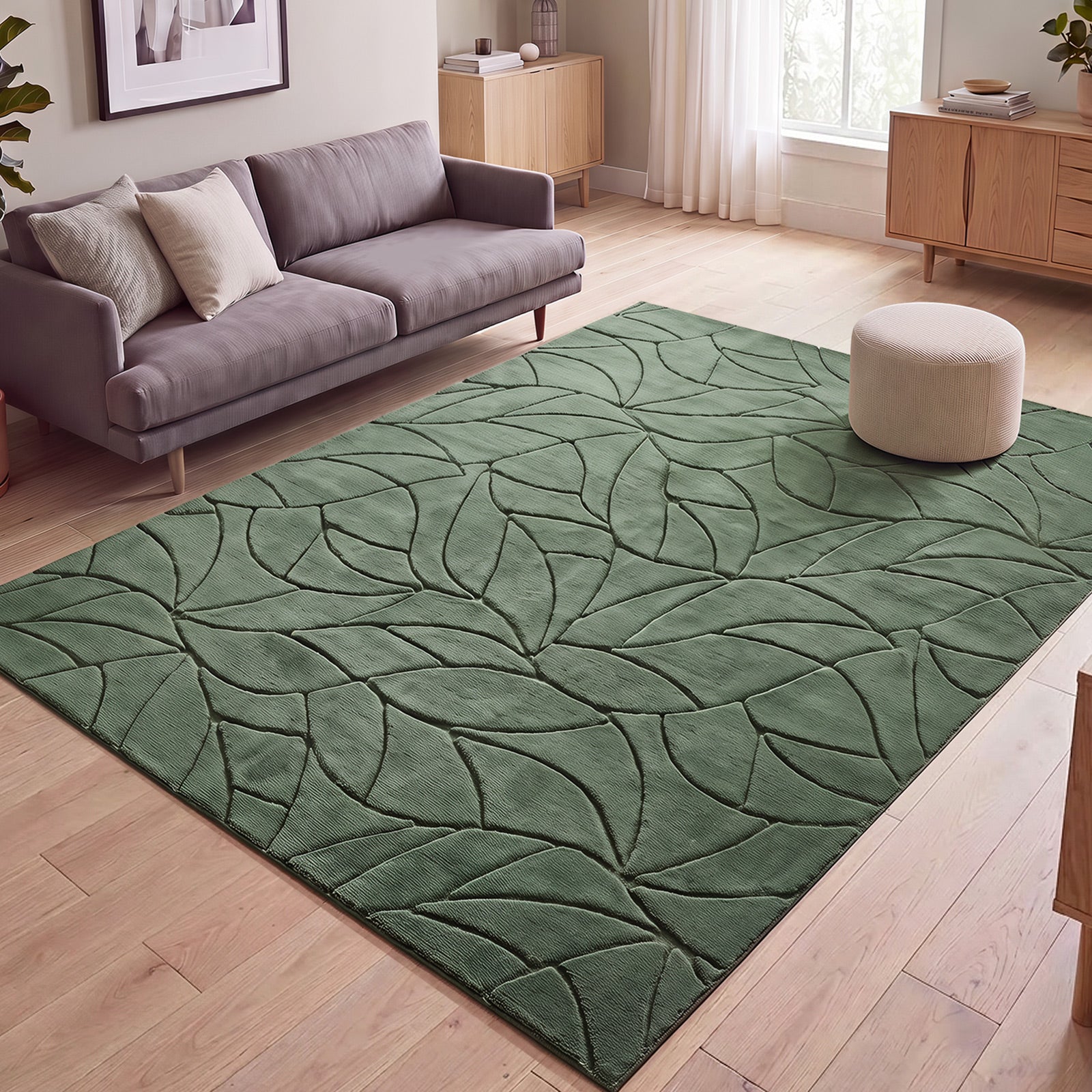 Oikiture Textured Leaf Jacquard Area Rug Floor Carpet Soft Decor 200X290cm Green