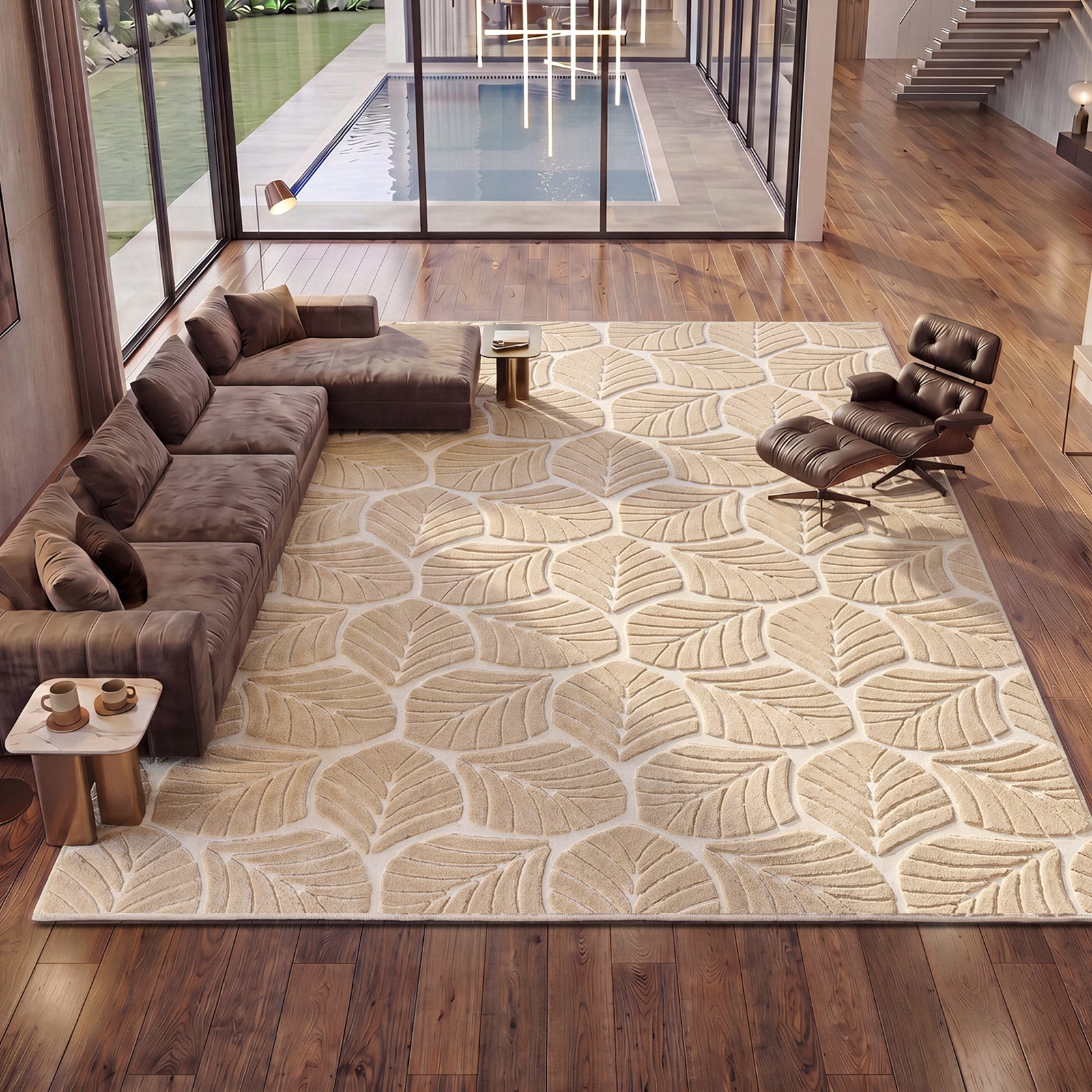 Oikiture Embossed Leaf Area Rug Jacquard Texture Floor Carpet 240X340cm Beige