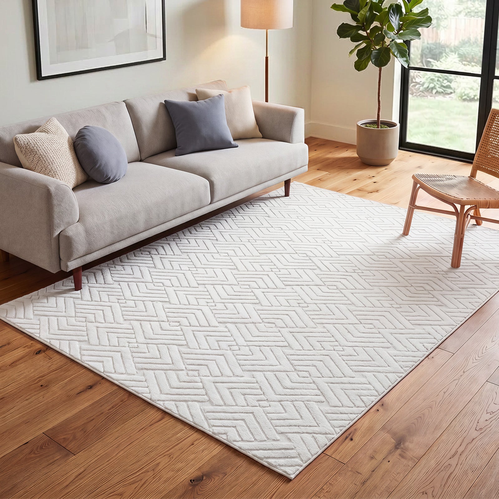 Oikiture Jacquard Area Rug Geometric Texture Floor Carpet 160X230cm Ivory Cream