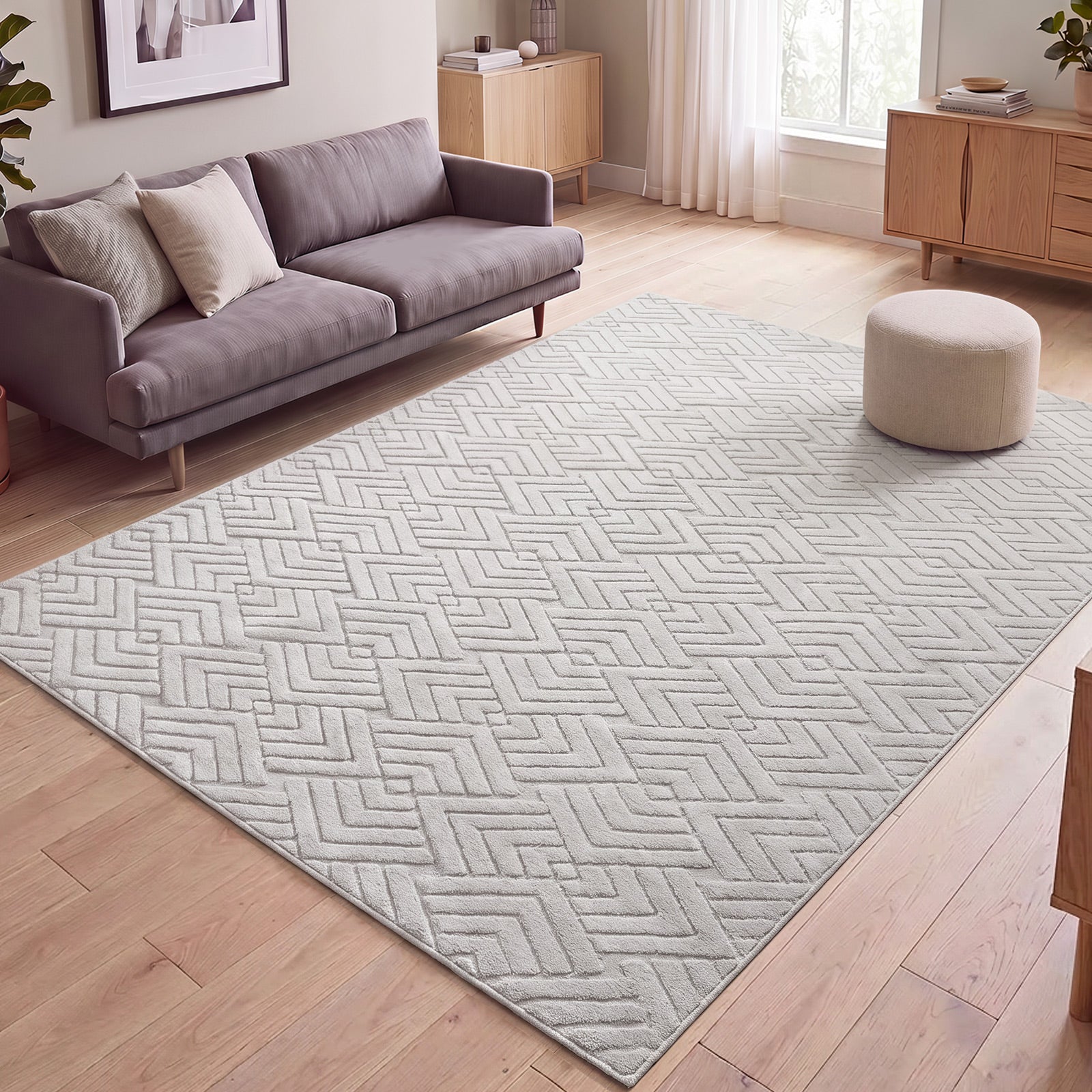 Oikiture Jacquard Area Rug Geometric Texture Floor Carpet 200X290cm Ivory Cream