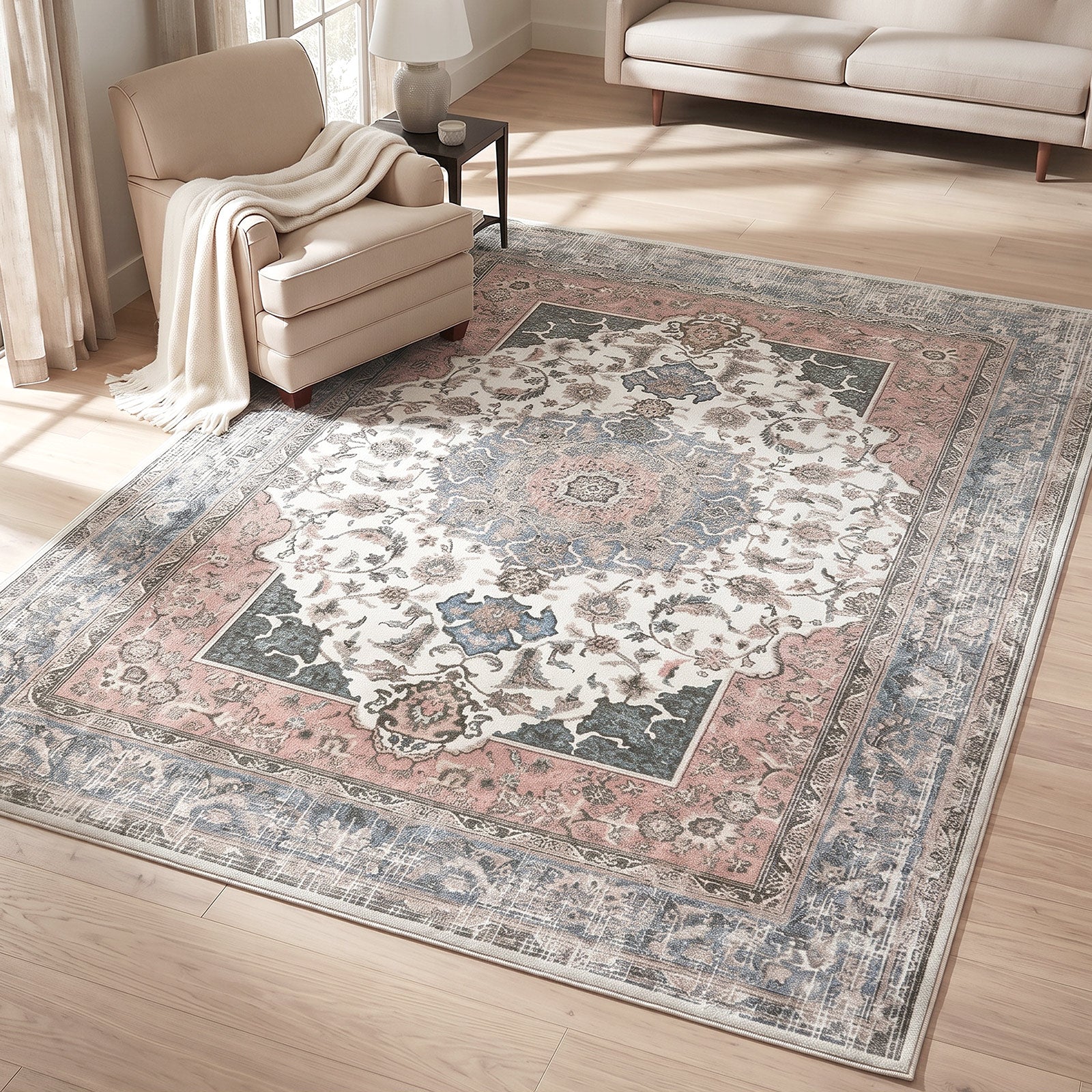 Oikiture Vintage Persian Area Rug Washable Soft Low Pile Carpet 200X290cm