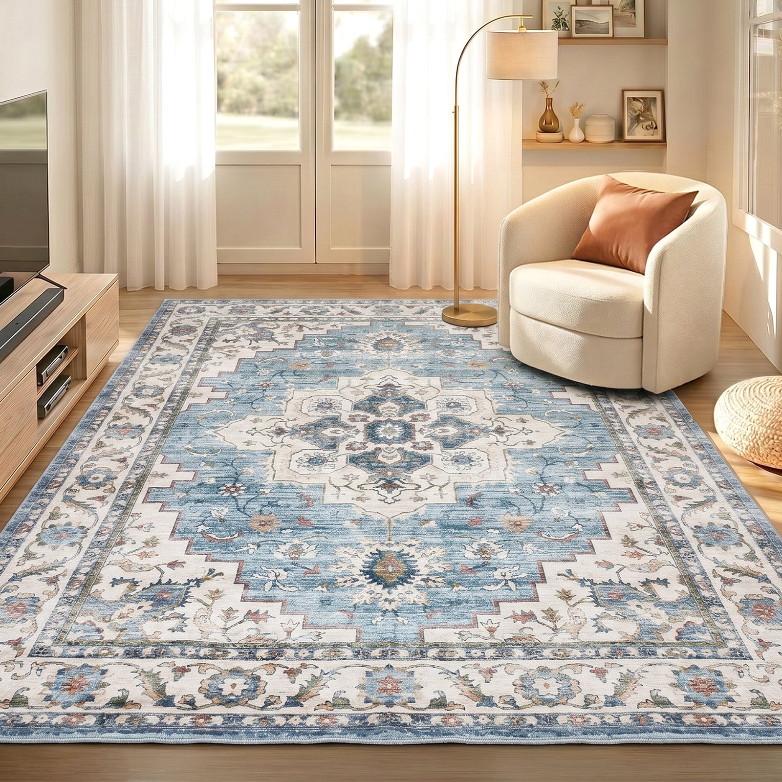 Oikiture Distressed Blue Persian Rug Washable Non Slip Floor Carpet 200X290cm