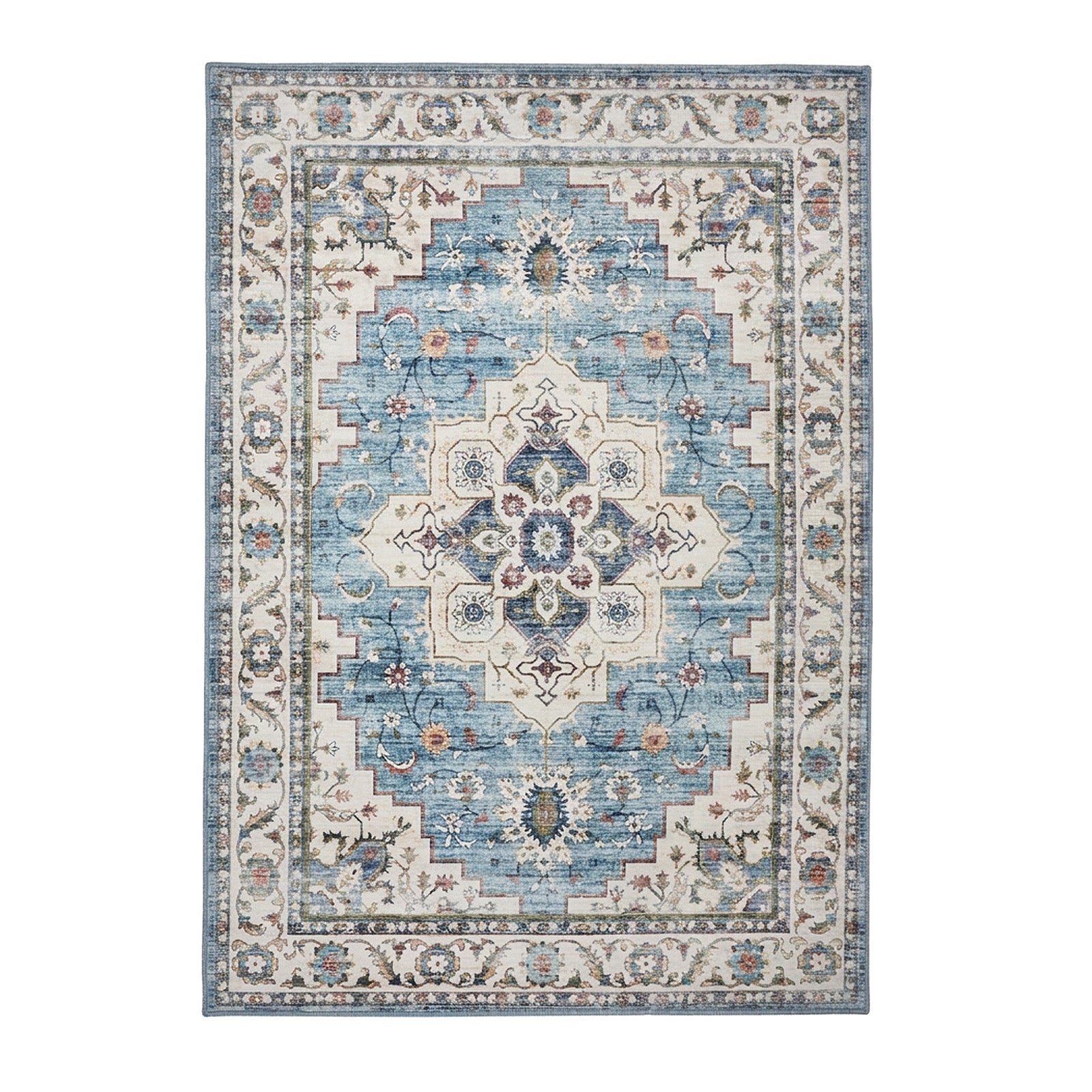Oikiture Distressed Blue Persian Rug Washable Non Slip Floor Carpet 200X290cm