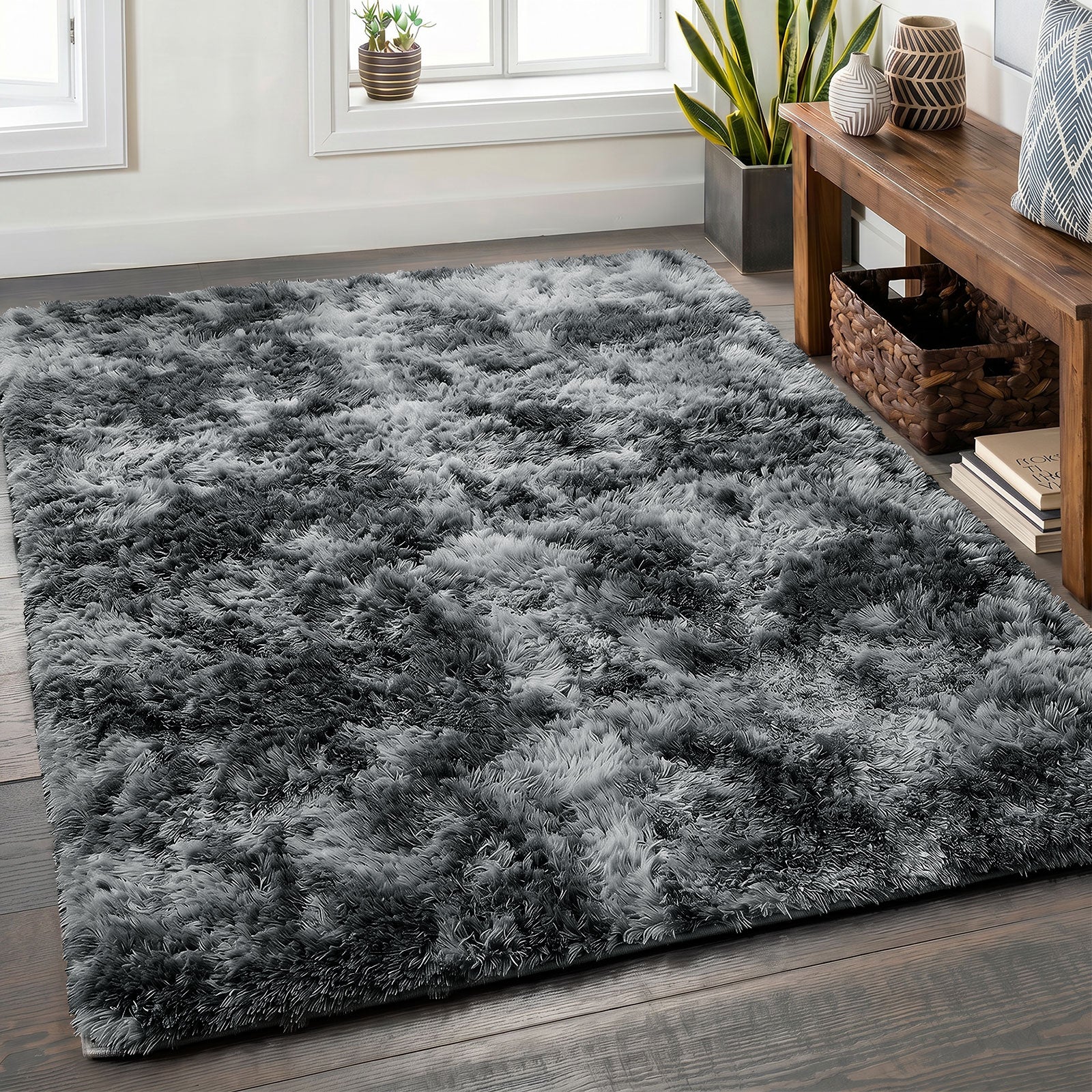 Oikiture Gradient Grey Fluffy Shag Rug Soft Plush Non Slip Floor Mat 160x230cm