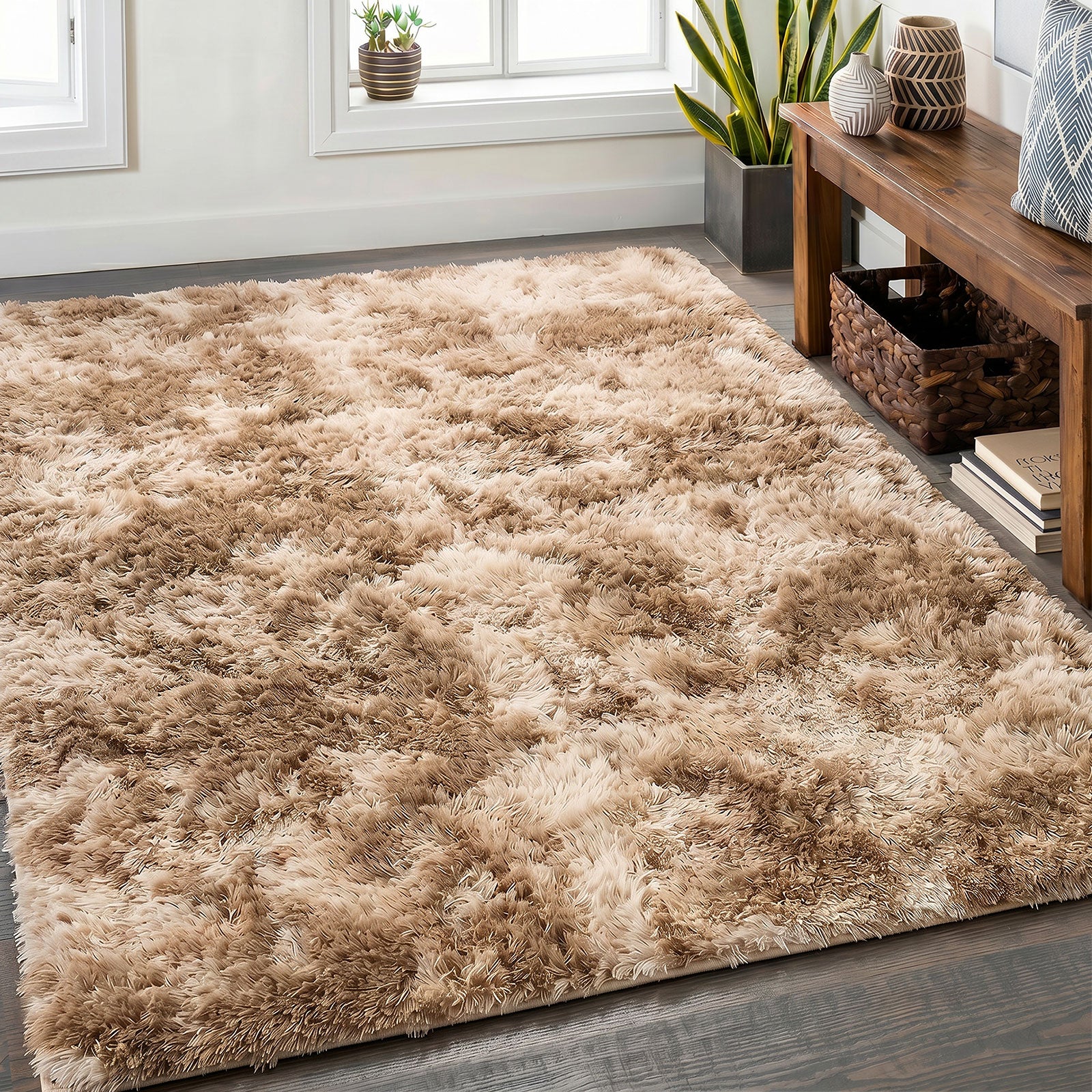 Oikiture Taupe Gradient Fluffy Shaggy Rug Plush Anti Slip 200x290cm Floor Carpet