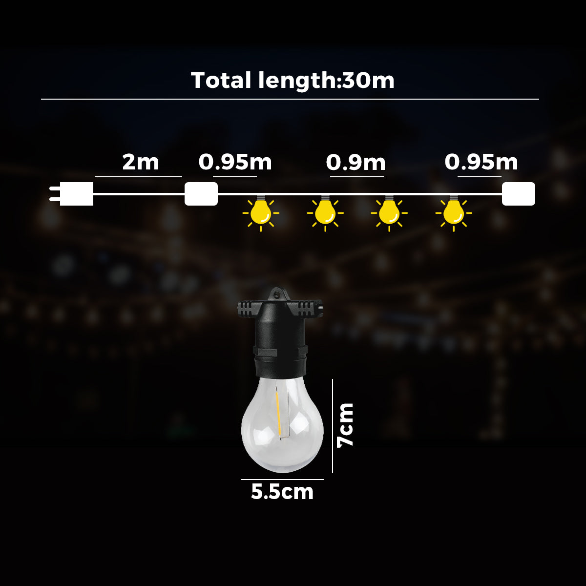 Mazam 30M Festoon String Lights LED Christmas Waterproof Wedding Party Outdoor - Sunyee