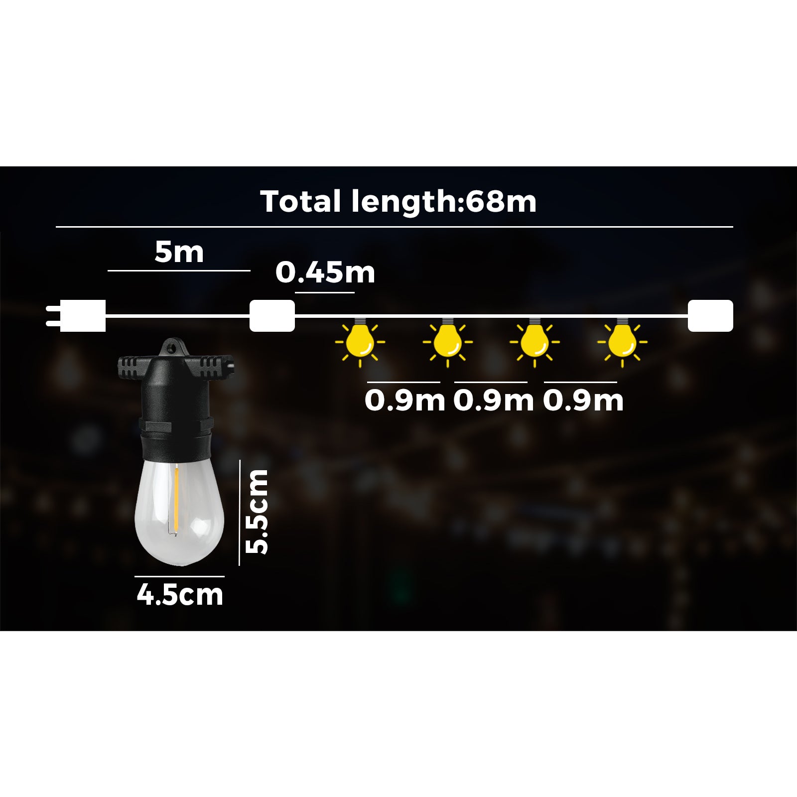Mazam 68M LED Festoon Lights String Light Waterproof Wedding Party Outdoor - Sunyee