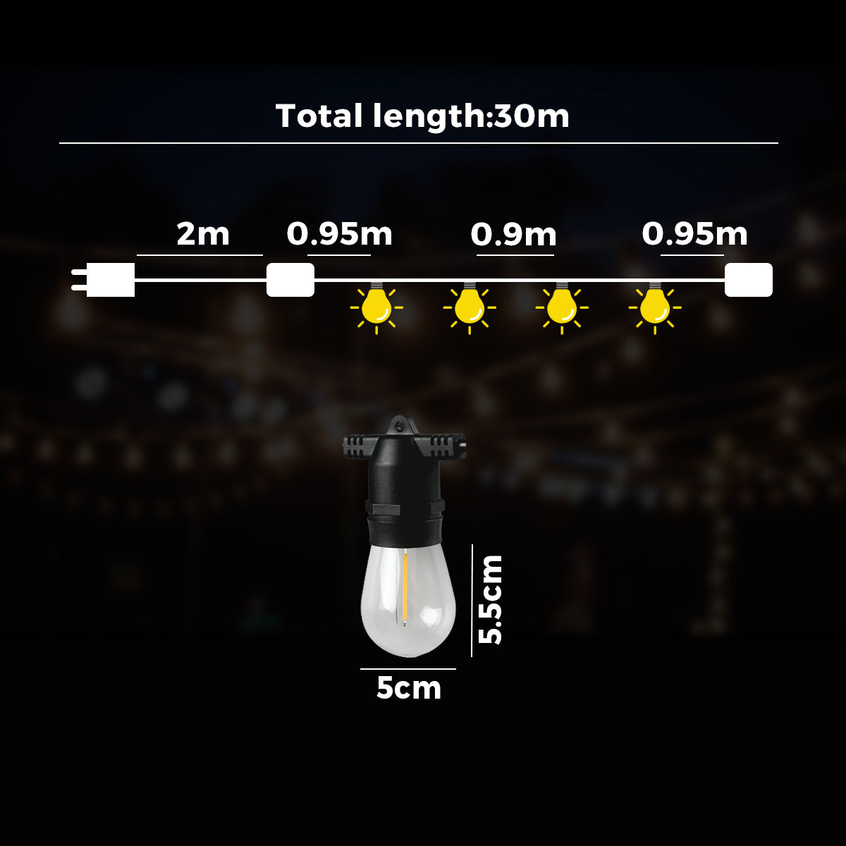 Mazam 30M LED Festoon String Lights Christmas Wedding Party Outdoor Waterproof - Sunyee