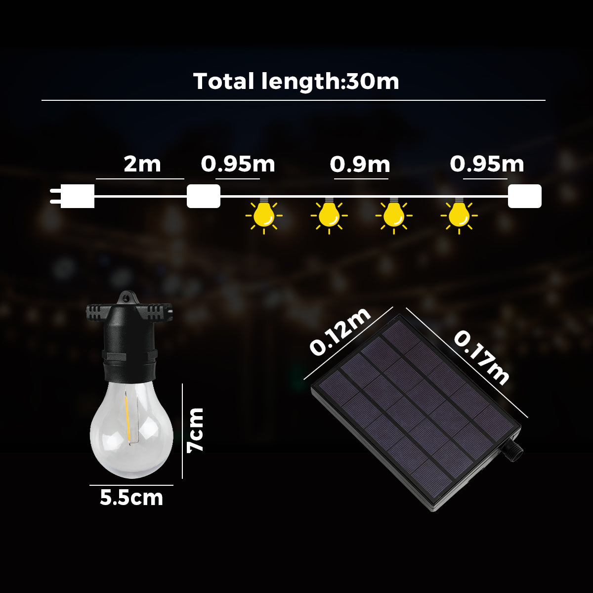 Mazam 30M Solar Festoon String Lights LED Christmas Waterproof Outdoor Party - Sunyee