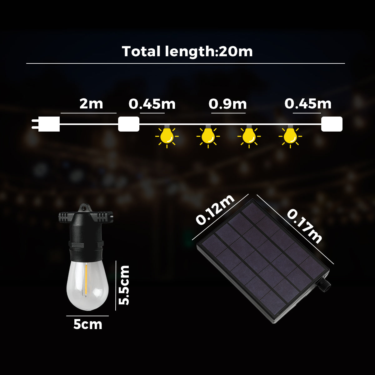 Mazam 20M Solar LED Festoon String Lights Christmas Waterproof Outdoor Garden - Sunyee