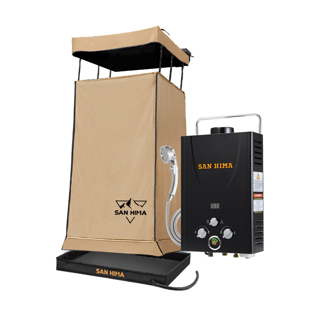 San Hima Camping Shower Tent Brown +Gas Hot Water Heater Black +Shower Tent Base - Sunyee
