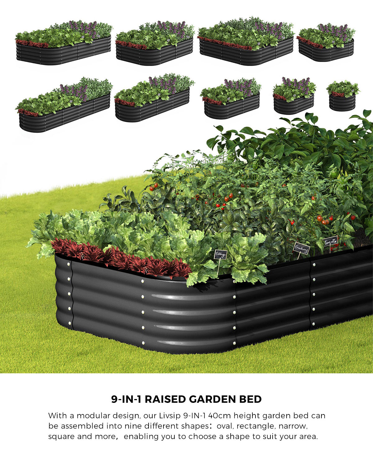 Livsip 9-IN-1 Raised Garden Bed Modular Kit Planter Oval Galvanised Steel 40CM H - Sunyee