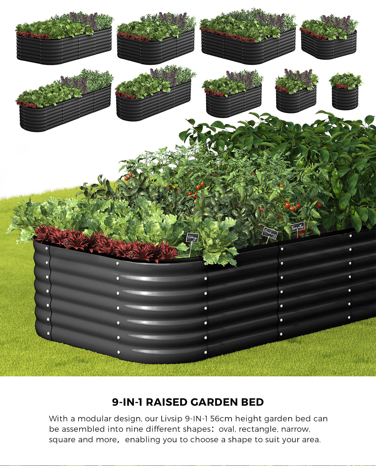 Livsip 9-IN-1 Raised Garden Bed Modular Kit Planter Oval Galvanised Steel 56CM H - Sunyee