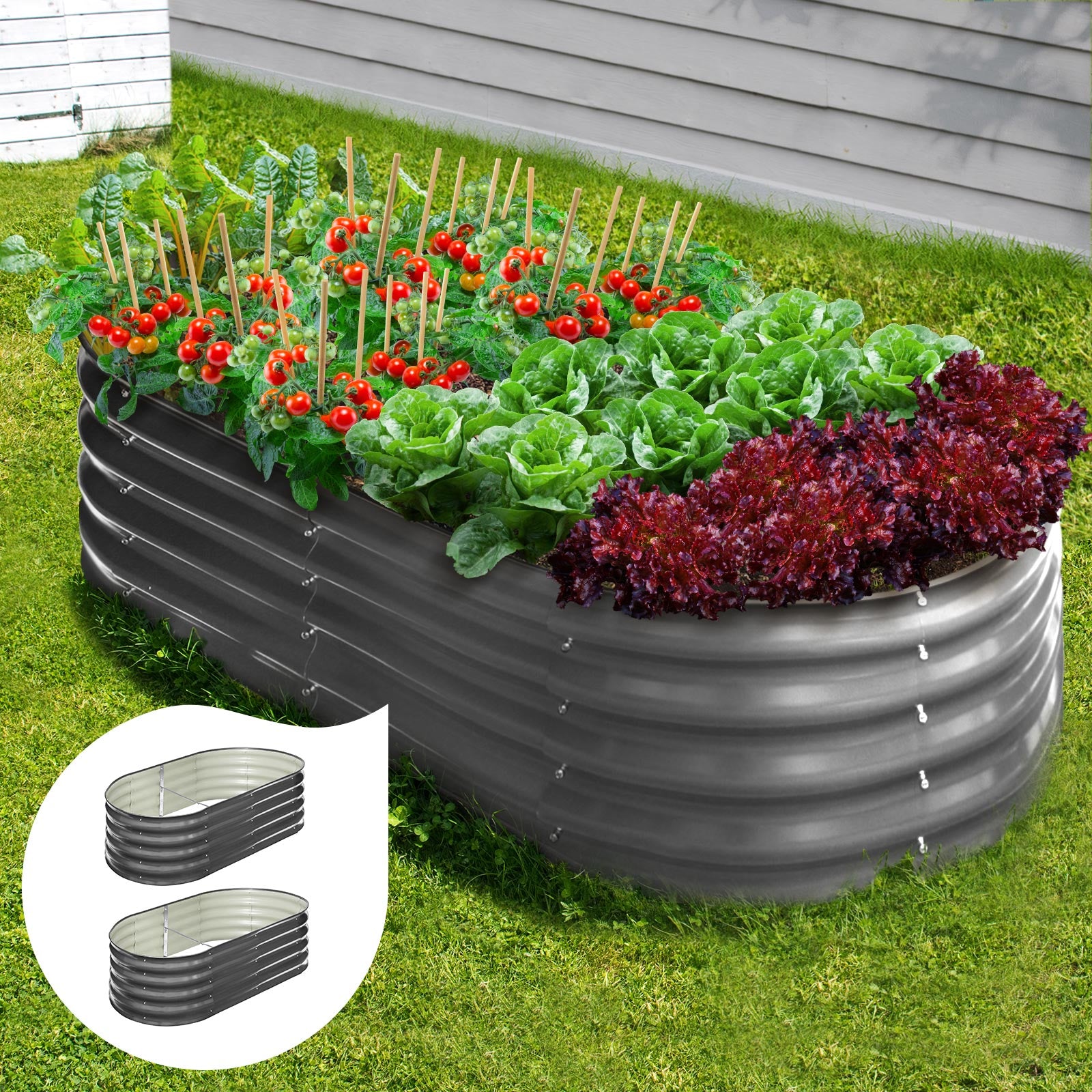 Livsip x2 Garden Bed Oval Galvanised Raised Steel Vegetable Planter 160X80X42CM - Sunyee