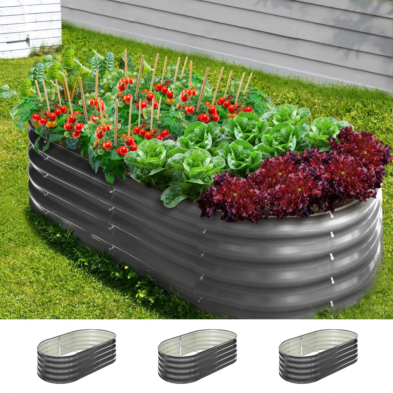 Livsip x3 Garden Bed Oval Galvanised Raised Steel Vegetable Planter 160X80X42CM - Sunyee