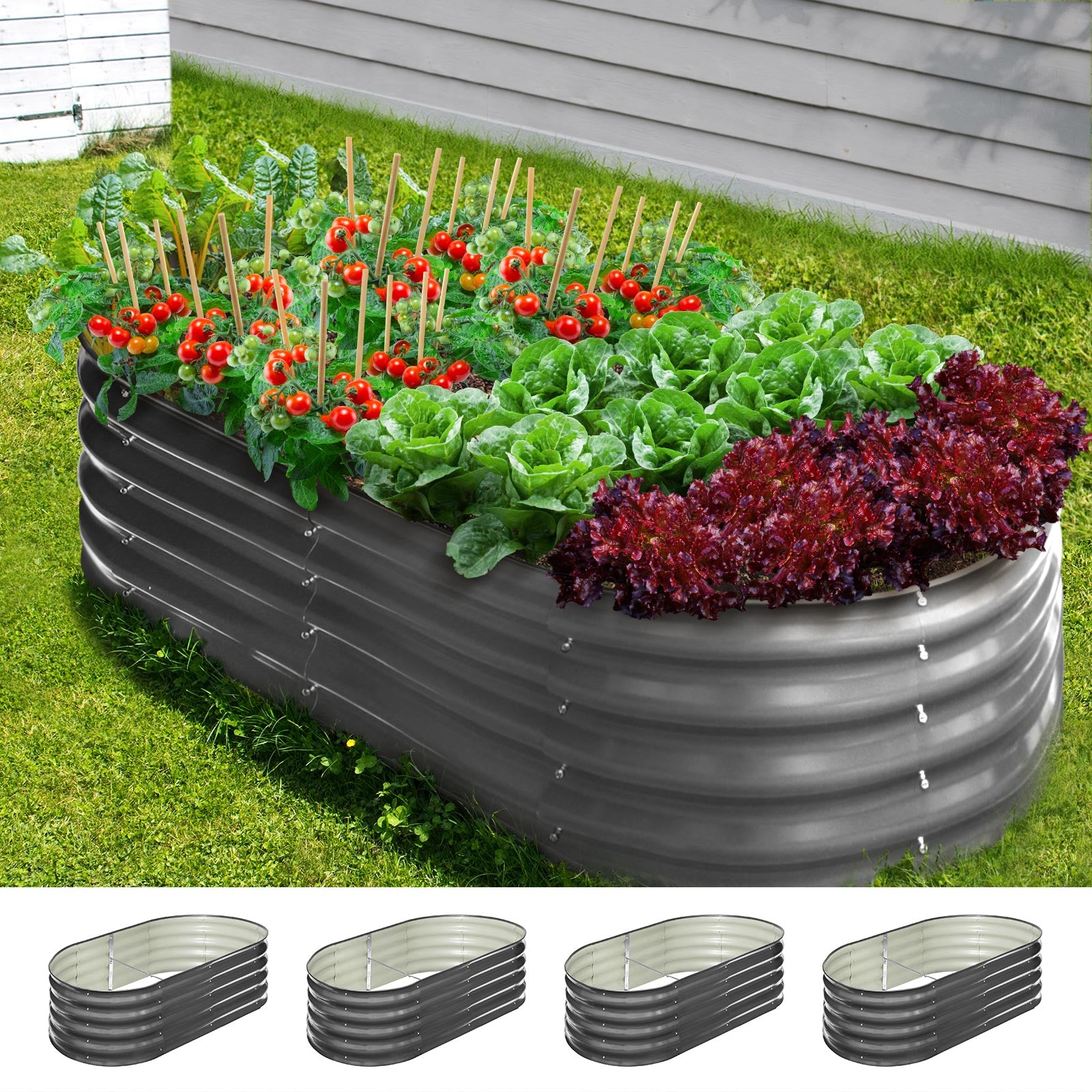 Livsip x4 Garden Bed Oval Galvanised Raised Steel Vegetable Planter 160X80X42CM - Sunyee