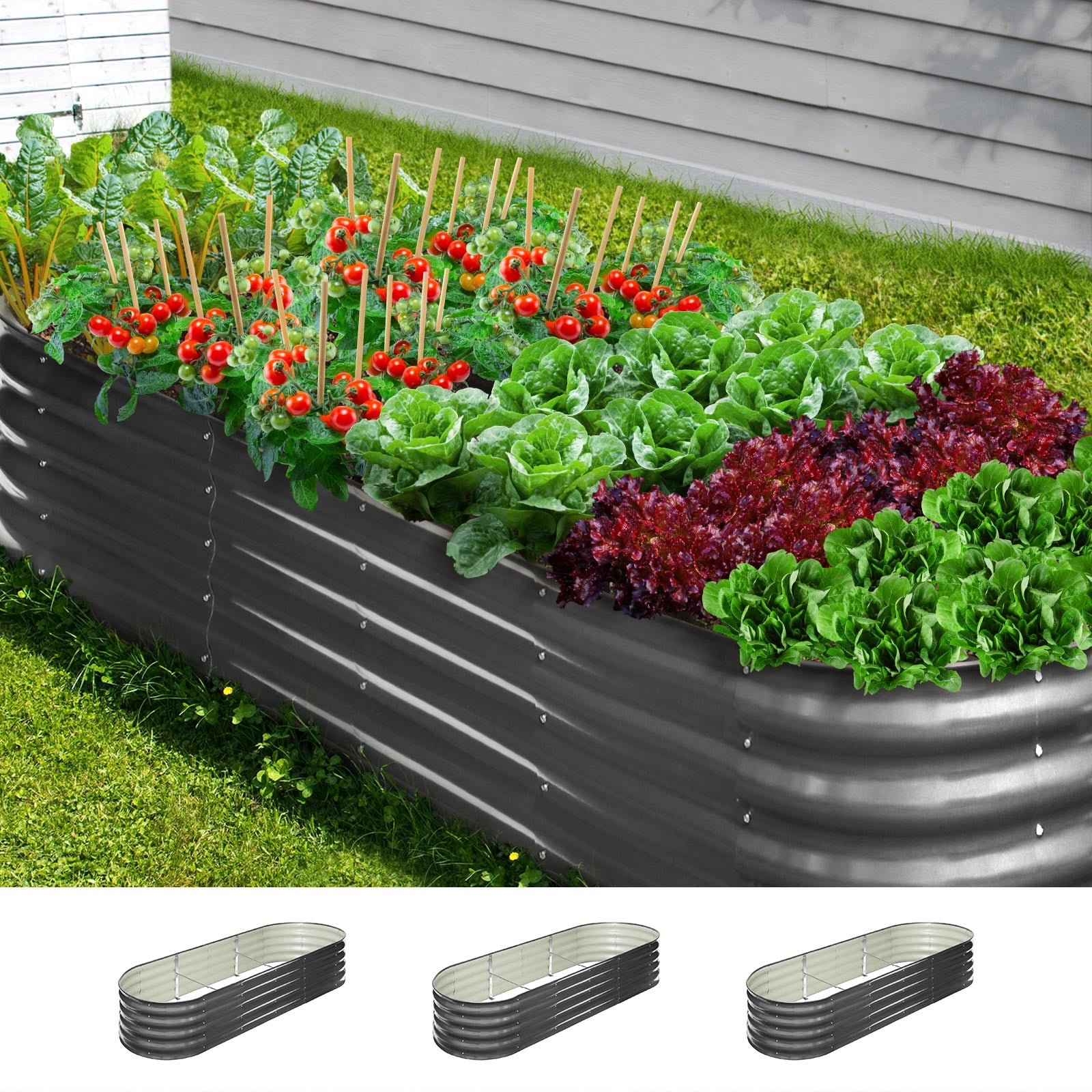 Livsip x3 Galvanised Raised Garden Bed Steel Instant Planter Oval 240X80X42CM - Sunyee