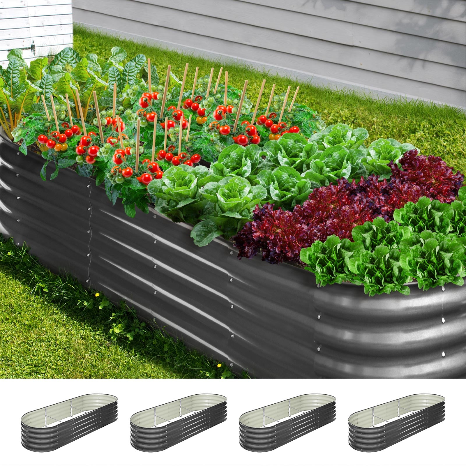 Livsip x4 Galvanised Raised Garden Bed Steel Instant Planter Oval 240X80X42CM - Sunyee