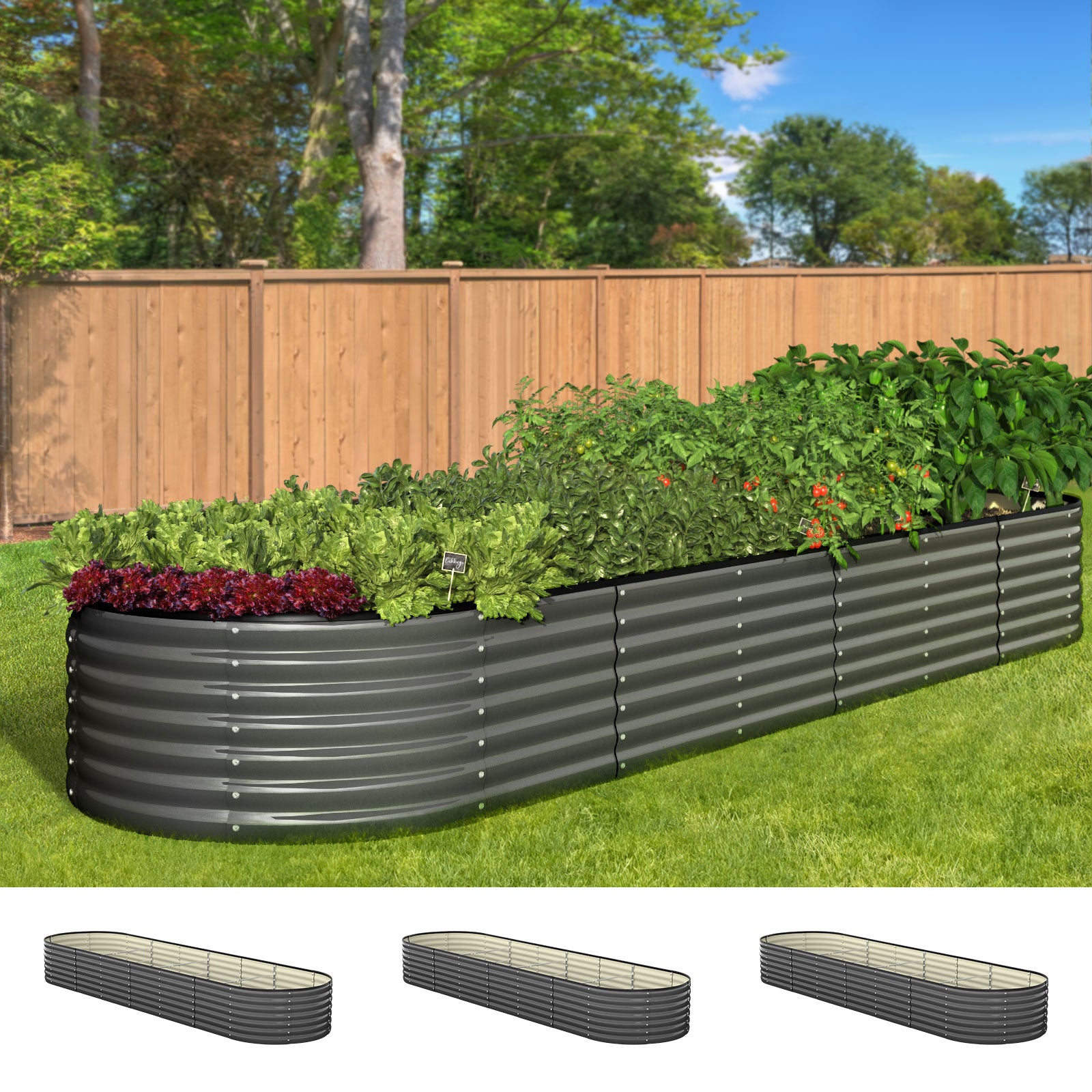 Livsip x3 Galvanised Raised Garden Bed Steel Instant Planter Oval 320X80X42CM - Sunyee