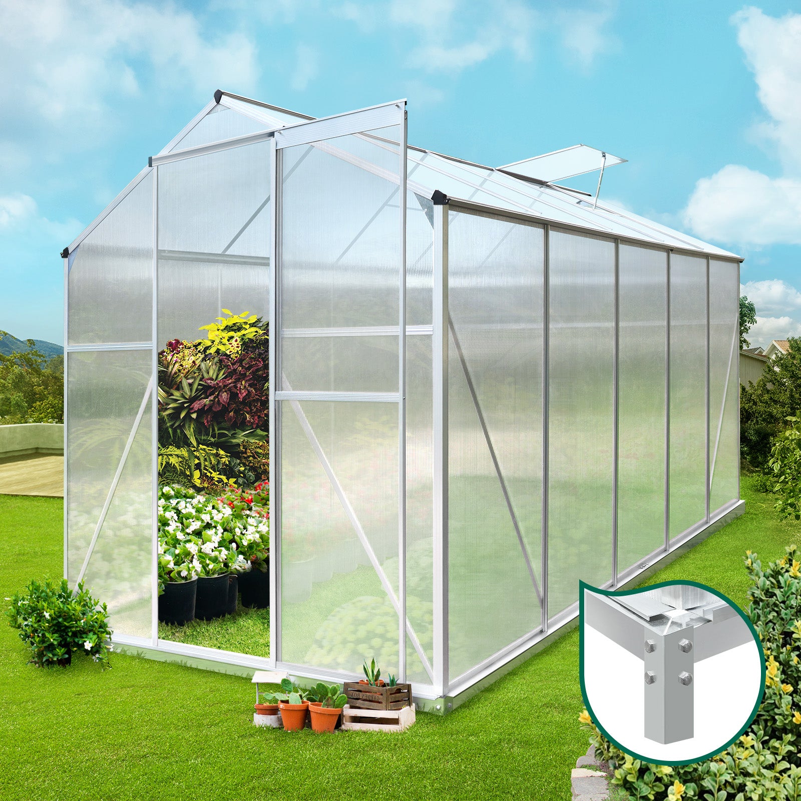 Livsip Greenhouse Aluminium Green House Garden Shed Polycarbonate Walk in 4 Size - Sunyee