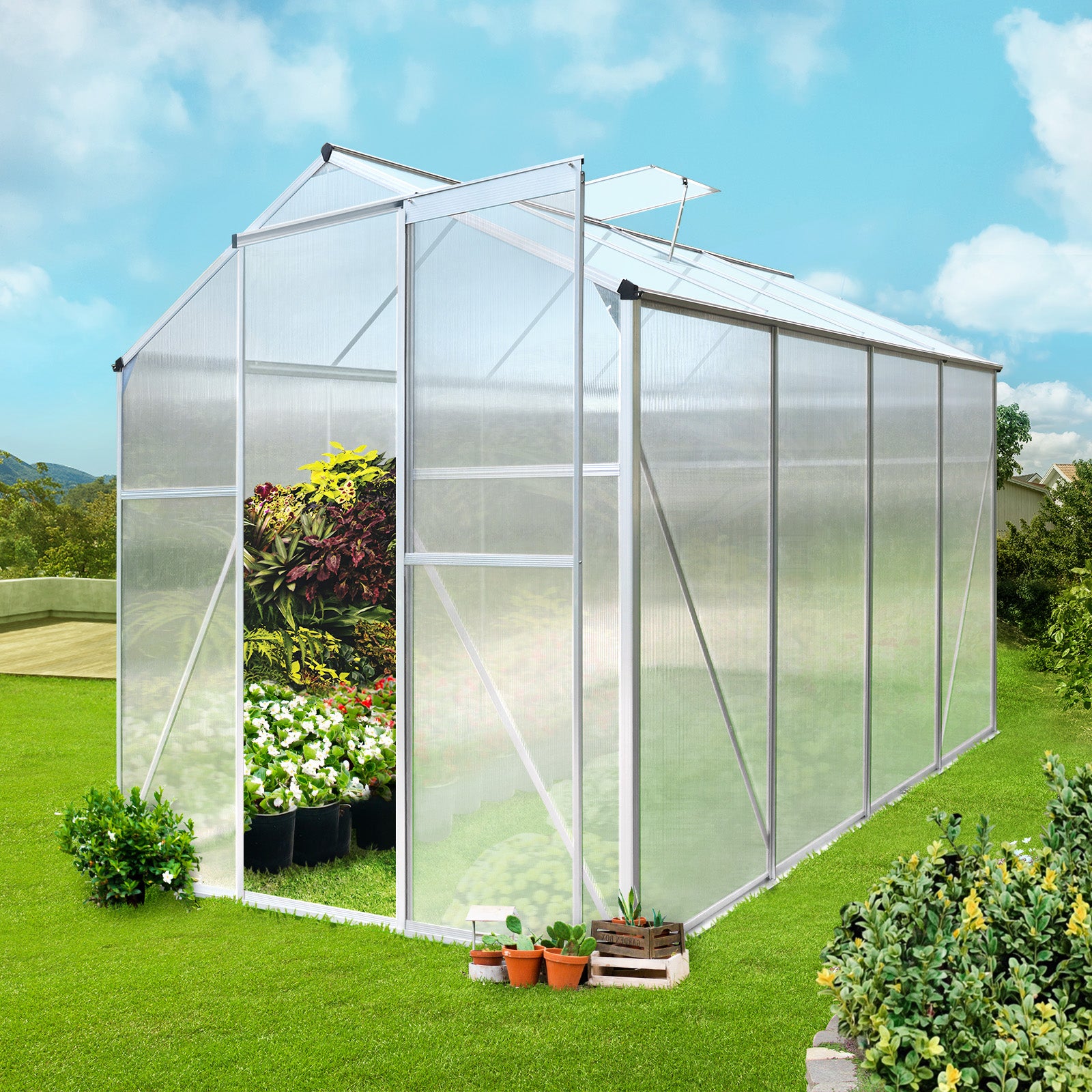 Livsip Greenhouse Aluminium Green House Shed Polycarbonate Walk in 2.52x1.9M - Sunyee