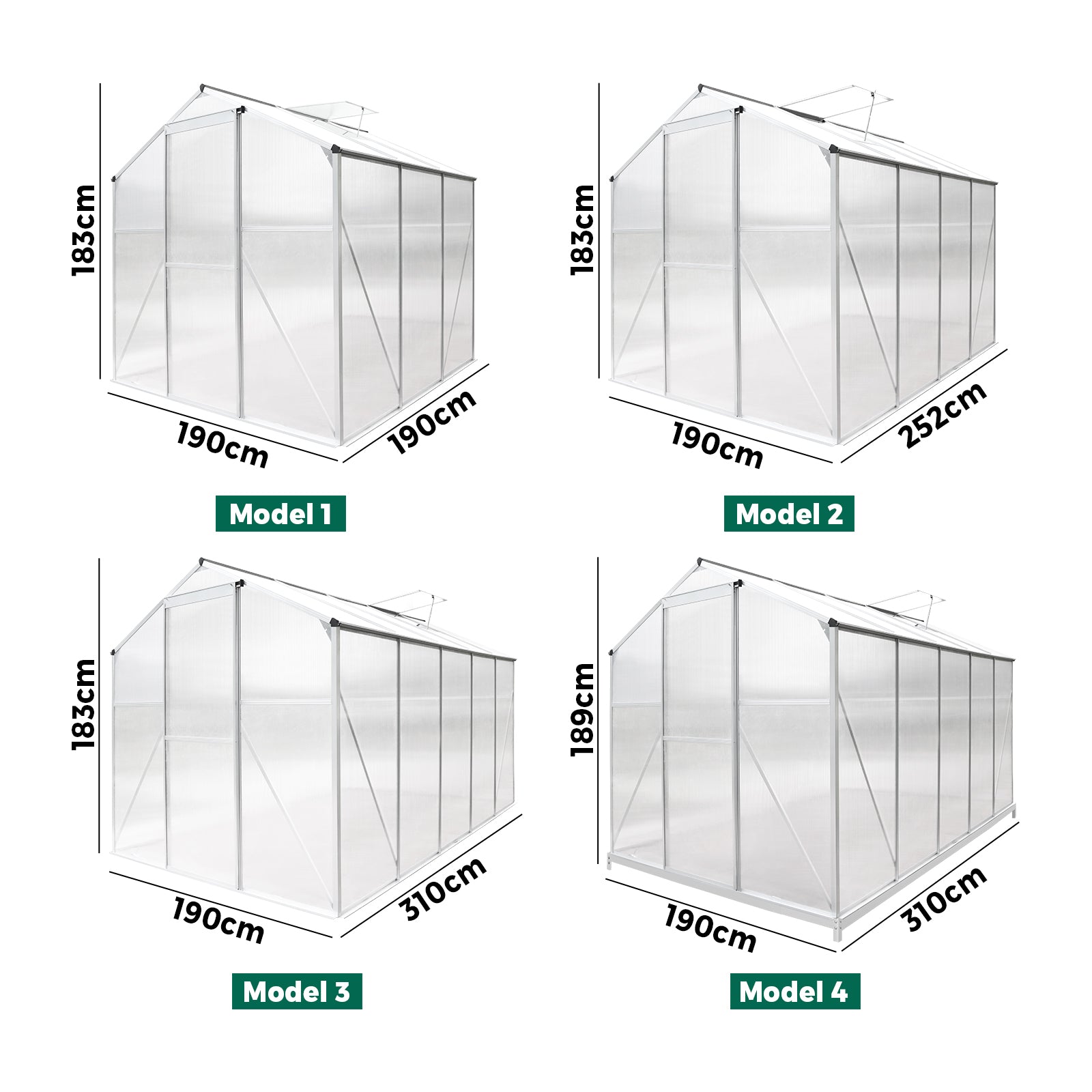 Livsip Greenhouse Aluminium Green House Garden Shed Polycarbonate Walk in 4 Size - Sunyee
