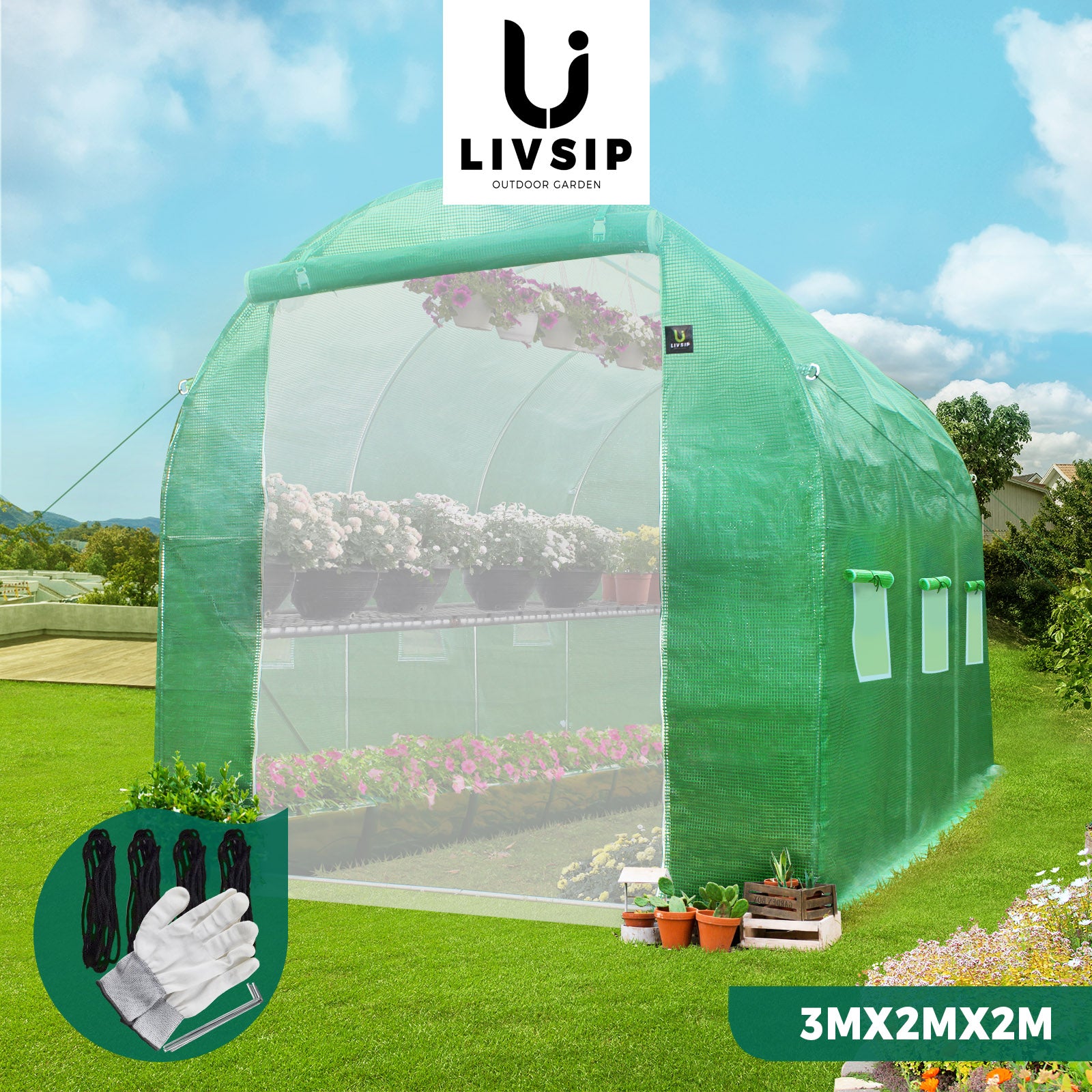 Livsip Greenhouse Walk in Garden Shed Green House 3X2X2M Plant Storage Lawn - Sunyee