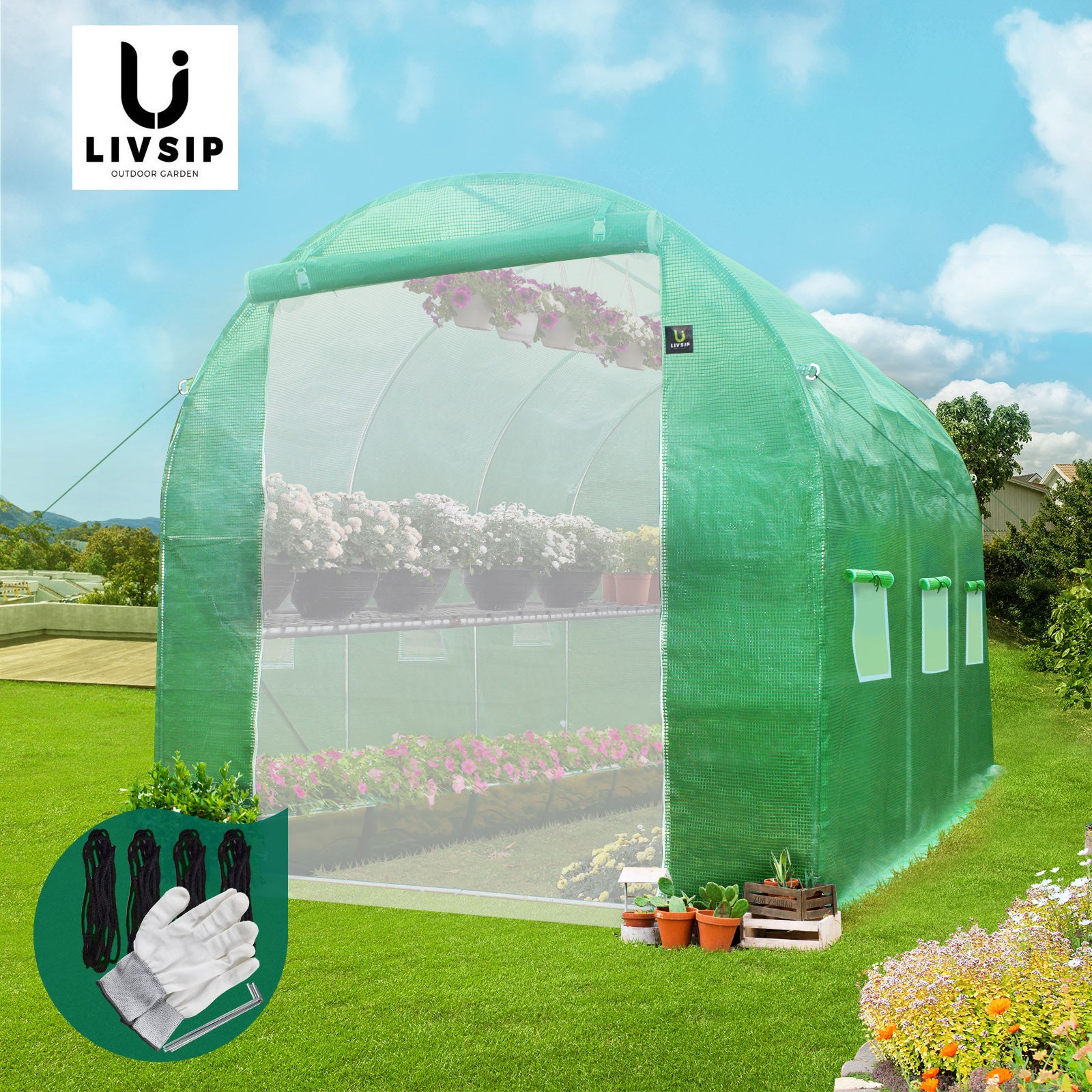 Livsip Greenhouse Walk in Garden Shed Green House 3X2X2M Plant Storage Lawn - Sunyee