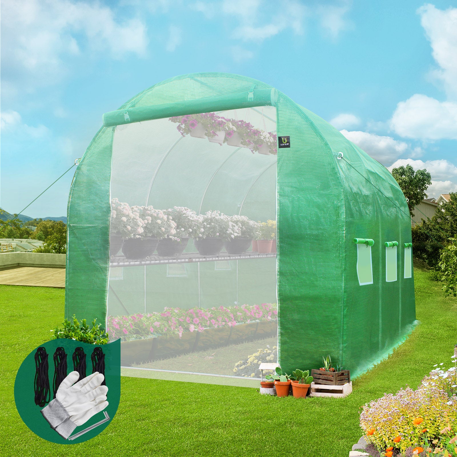 Livsip Greenhouse Walk in Garden Shed Green House 3X2X2M Plant Storage Lawn - Sunyee
