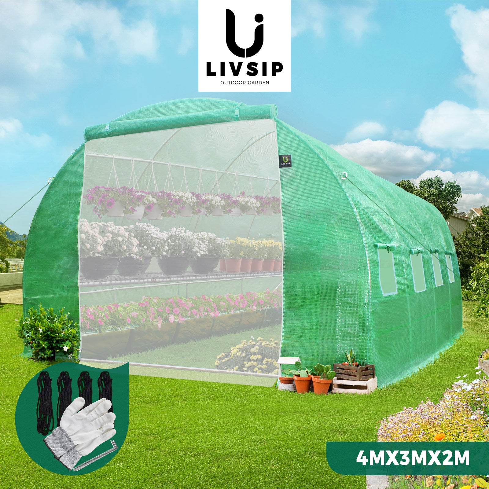 Livsip Greenhouse Garden Shed Tunnel Green House Walk in Storage Plant 6M/4M/3M - Sunyee