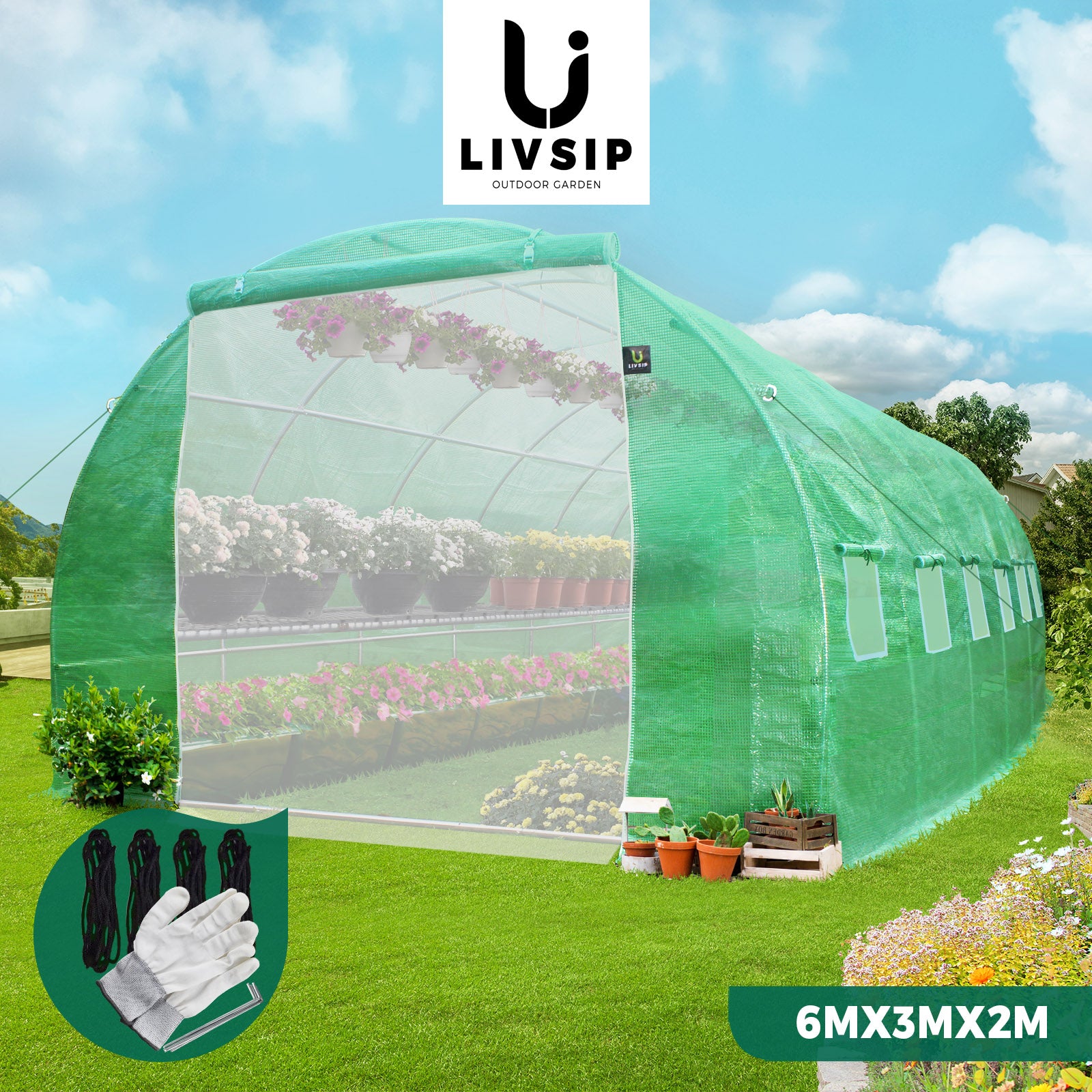 Livsip Greenhouse Garden Shed Tunnel Green House Walk in Storage Plant 6M/4M/3M - Sunyee