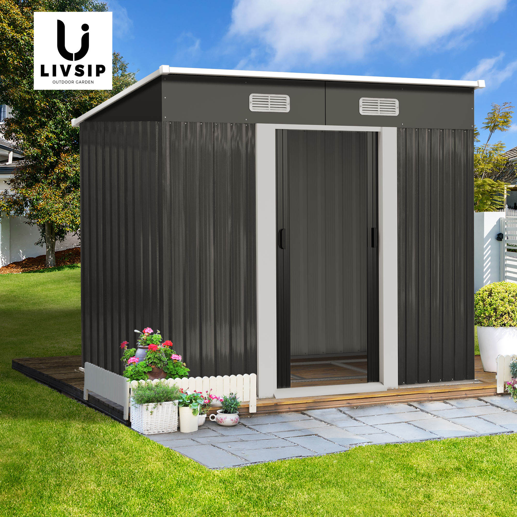 Livsip Garden Shed Outdoor Storage Sheds 1.94x1.21M Workshop Cabin Metal Base - Sunyee