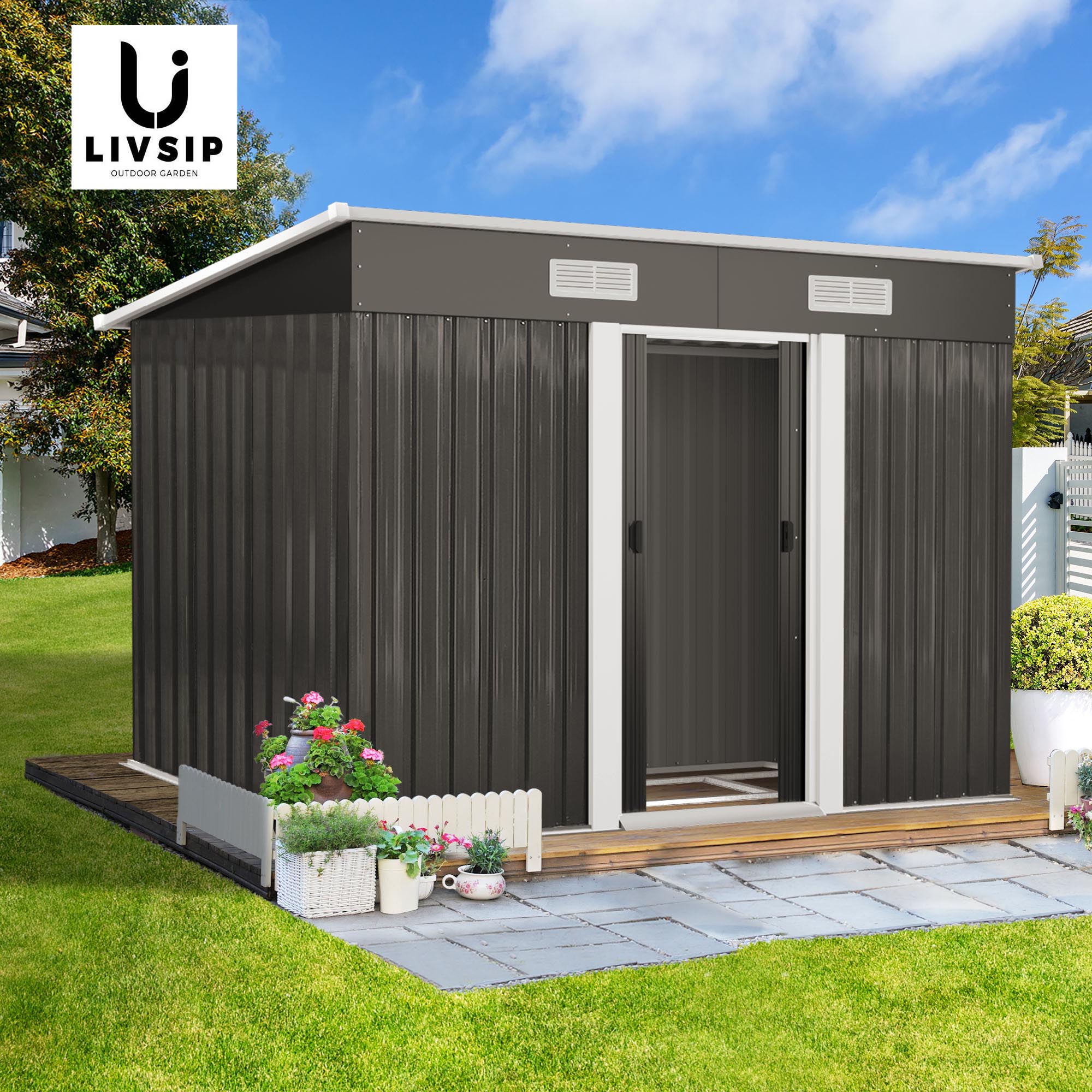 Livsip Garden Shed Outdoor Storage Sheds 2.38x1.31M Workshop Cabin Metal Base - Sunyee