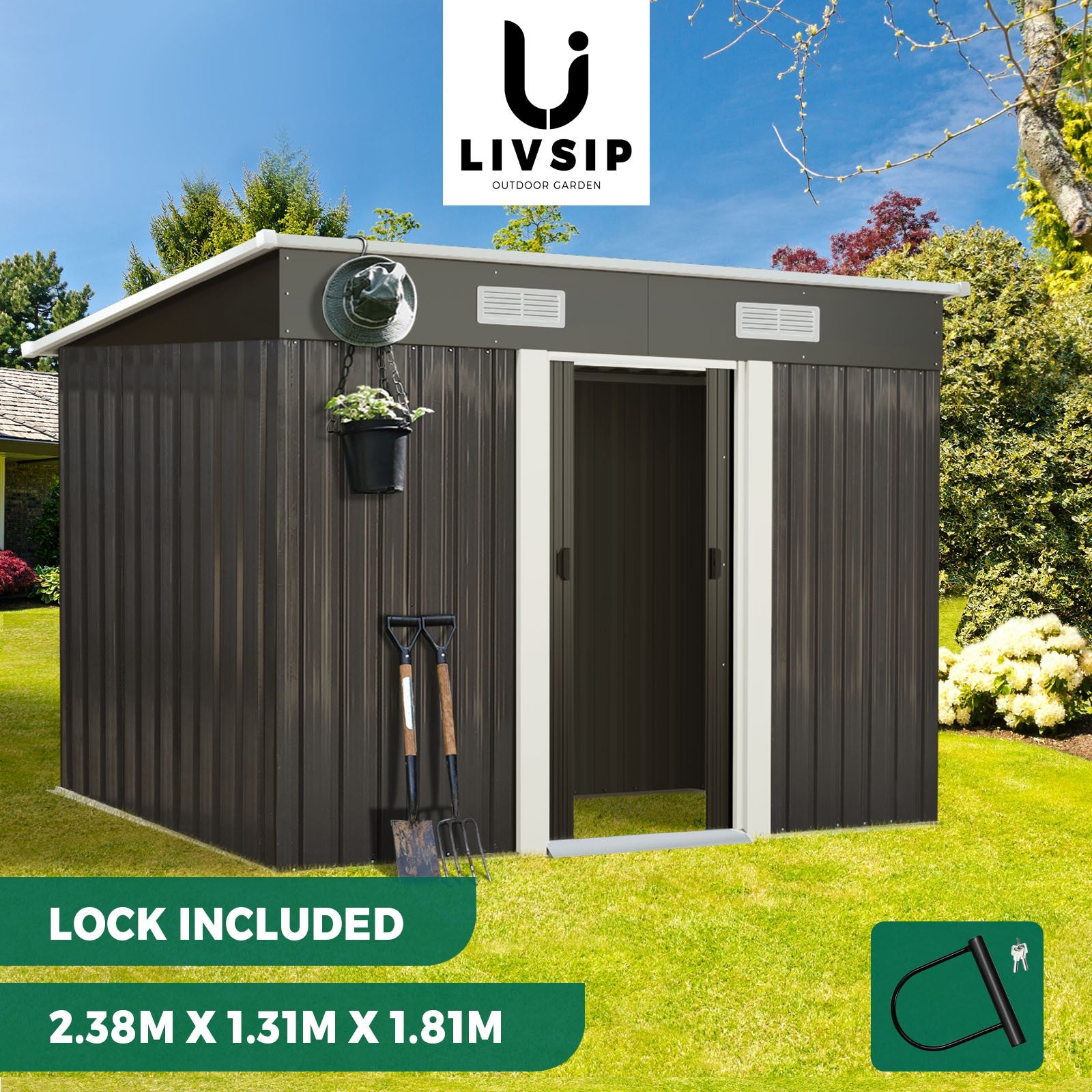 Livsip Garden Shed Outdoor Storage Sheds 2.38x1.31M Workshop Cabin Metal House - Sunyee