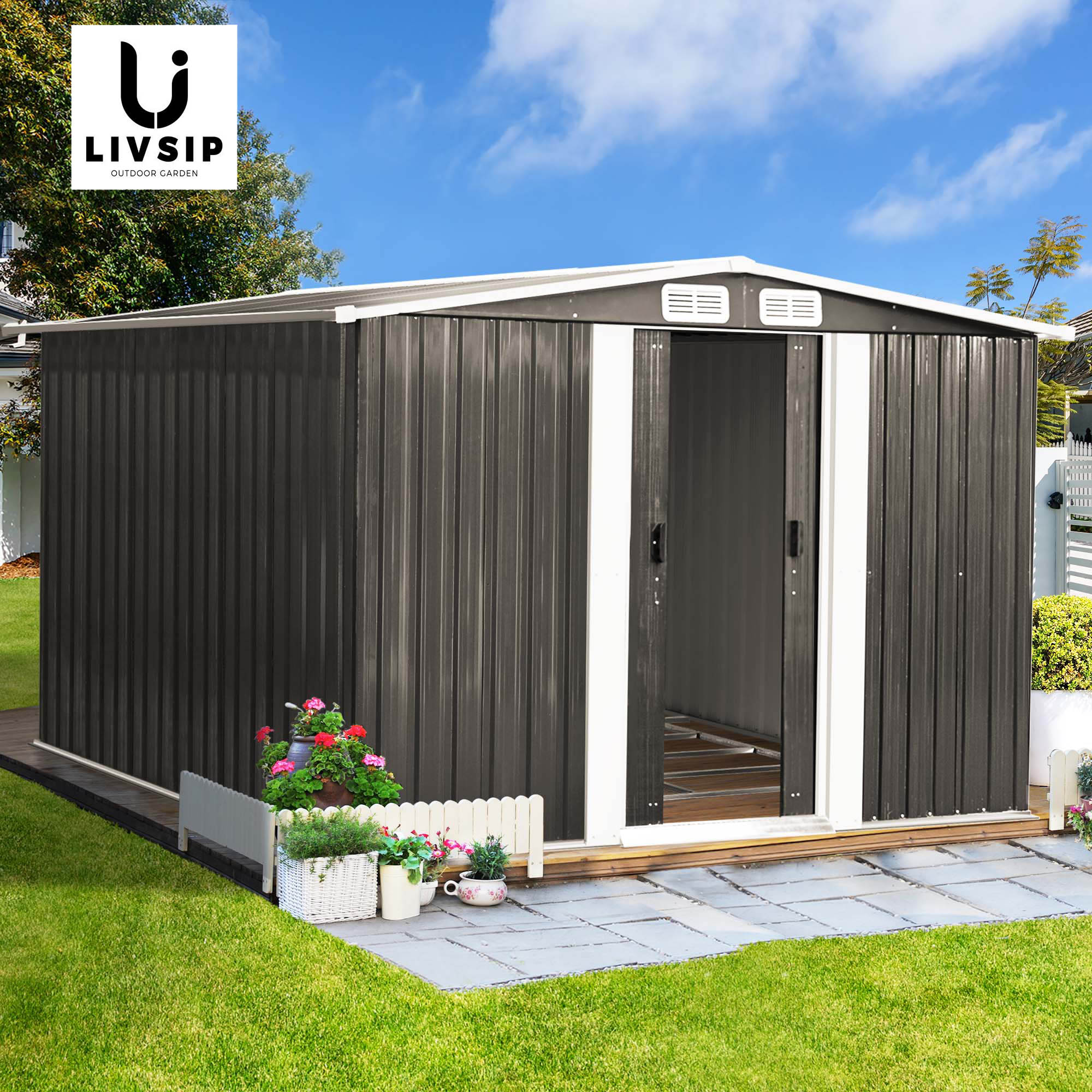 Livsip Garden Shed Outdoor Storage Sheds 2.57x2.05M Workshop Cabin Metal Base - Sunyee