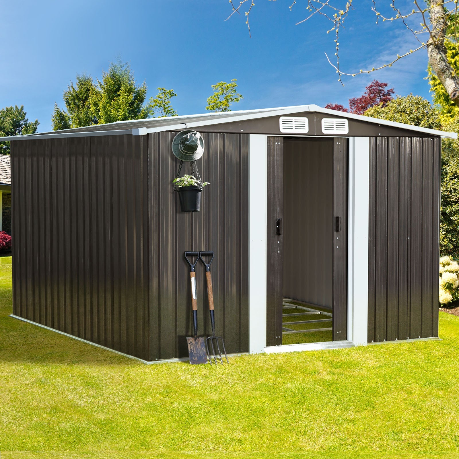 Livsip Garden Shed Outdoor Storage Sheds 2.57x2.05M Workshop Cabin Metal Base - Sunyee
