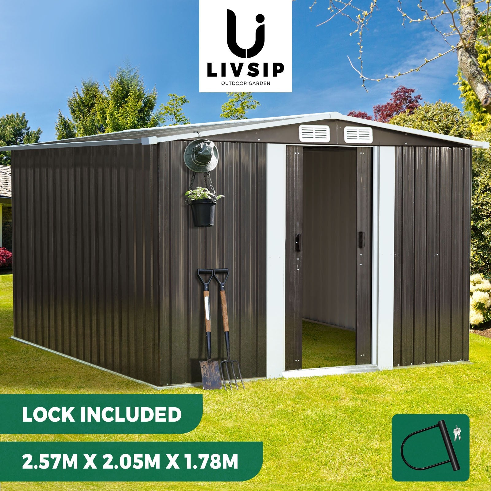 Livsip Garden Shed Outdoor Storage Sheds 2.57x2.05M Workshop Cabin Metal House - Sunyee