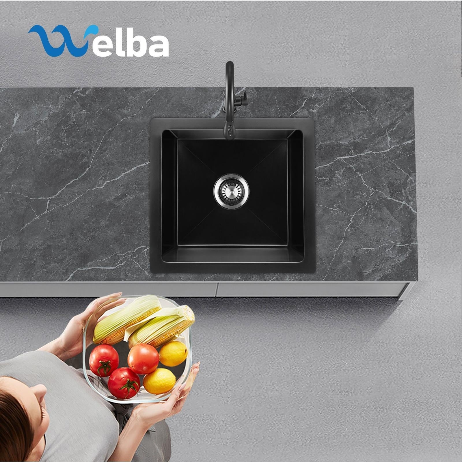 Welba Kitchen Sink 38x38cm Granite Stone Sink Laundry Basin Single Bowl Black - Sunyee