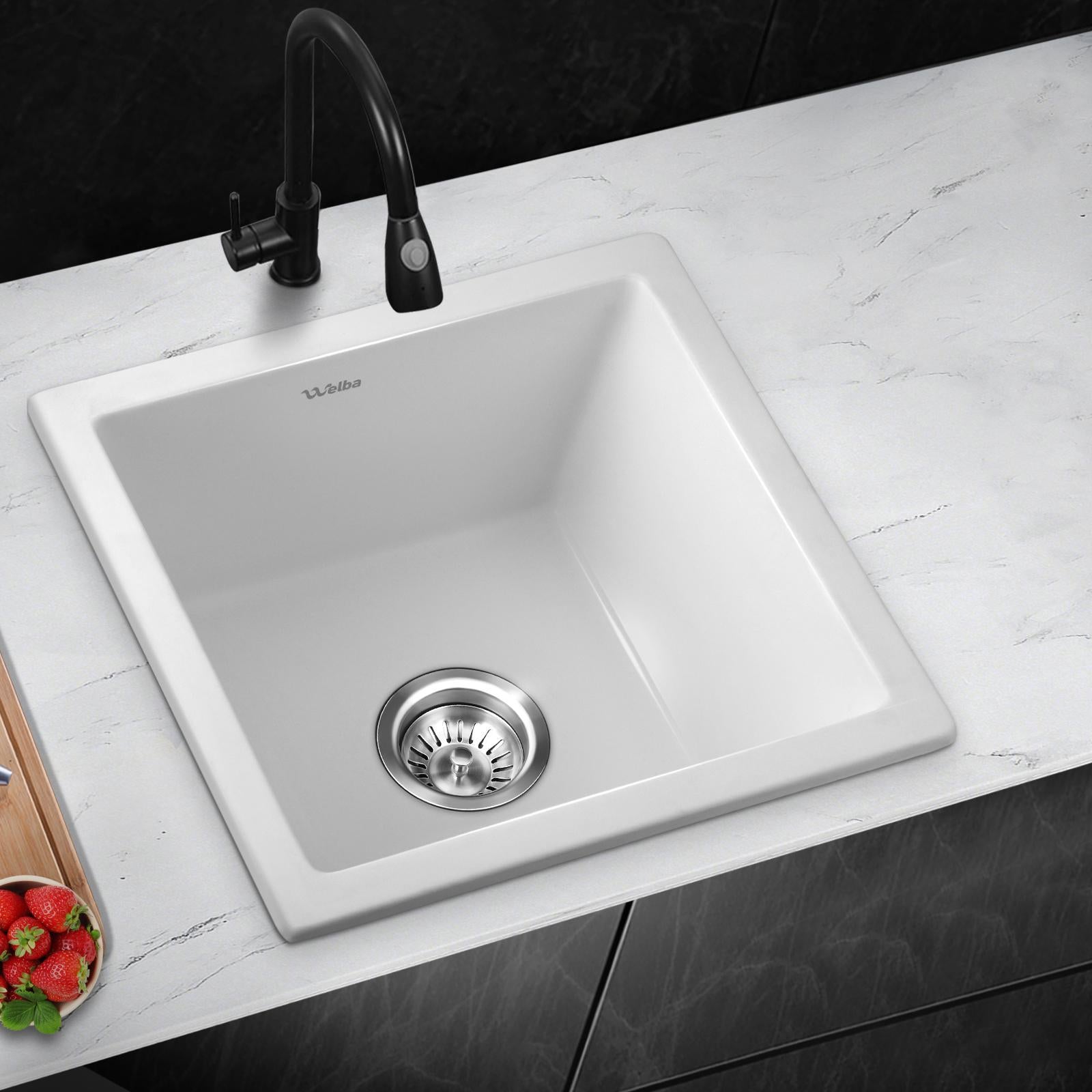 Welba Kitchen Sink 38x38cm Granite Stone Sink Laundry Basin Single Bowl White - Sunyee