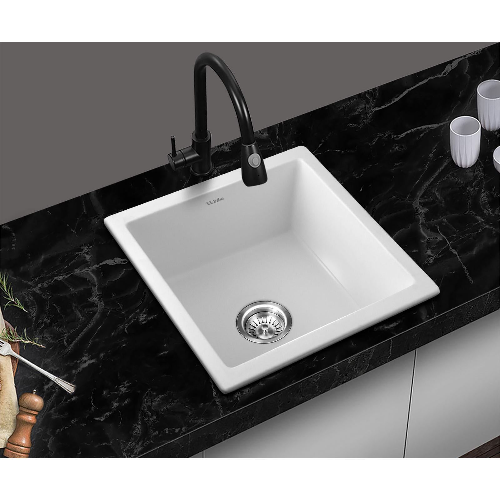 Welba Kitchen Sink 38x38cm Granite Stone Sink Laundry Basin Single Bowl White - Sunyee