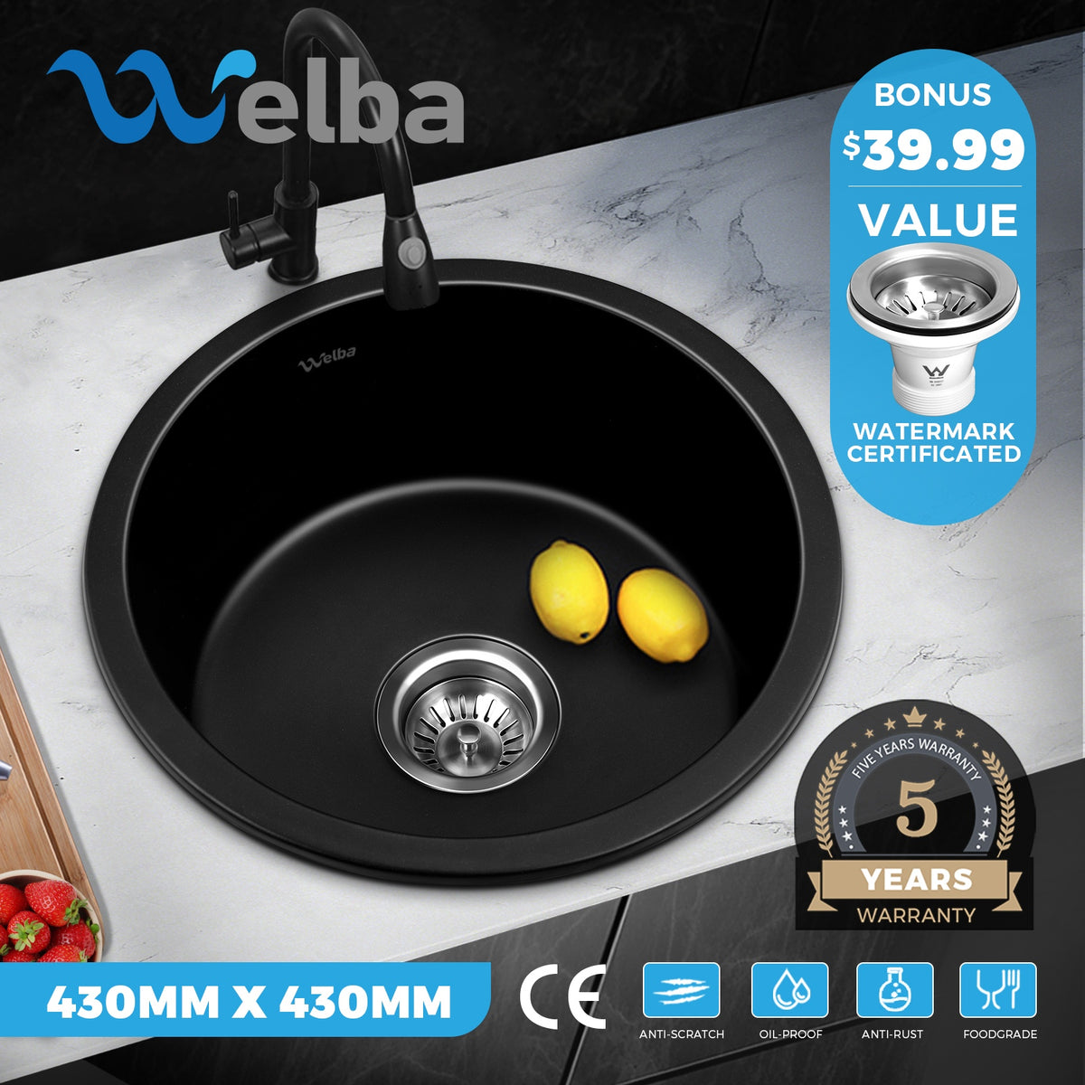 Welba Kitchen Sink Basin Stone Sink Bathroom Laundry Single Double Bowl - Sunyee