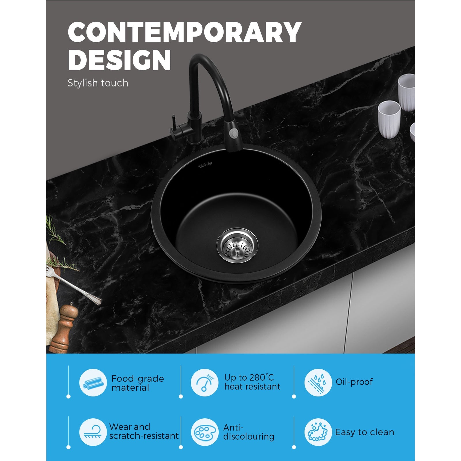 Welba Kitchen Granite Sink Stone Bathroom Basin Sink Single Bowl Under/Top Mount - Sunyee