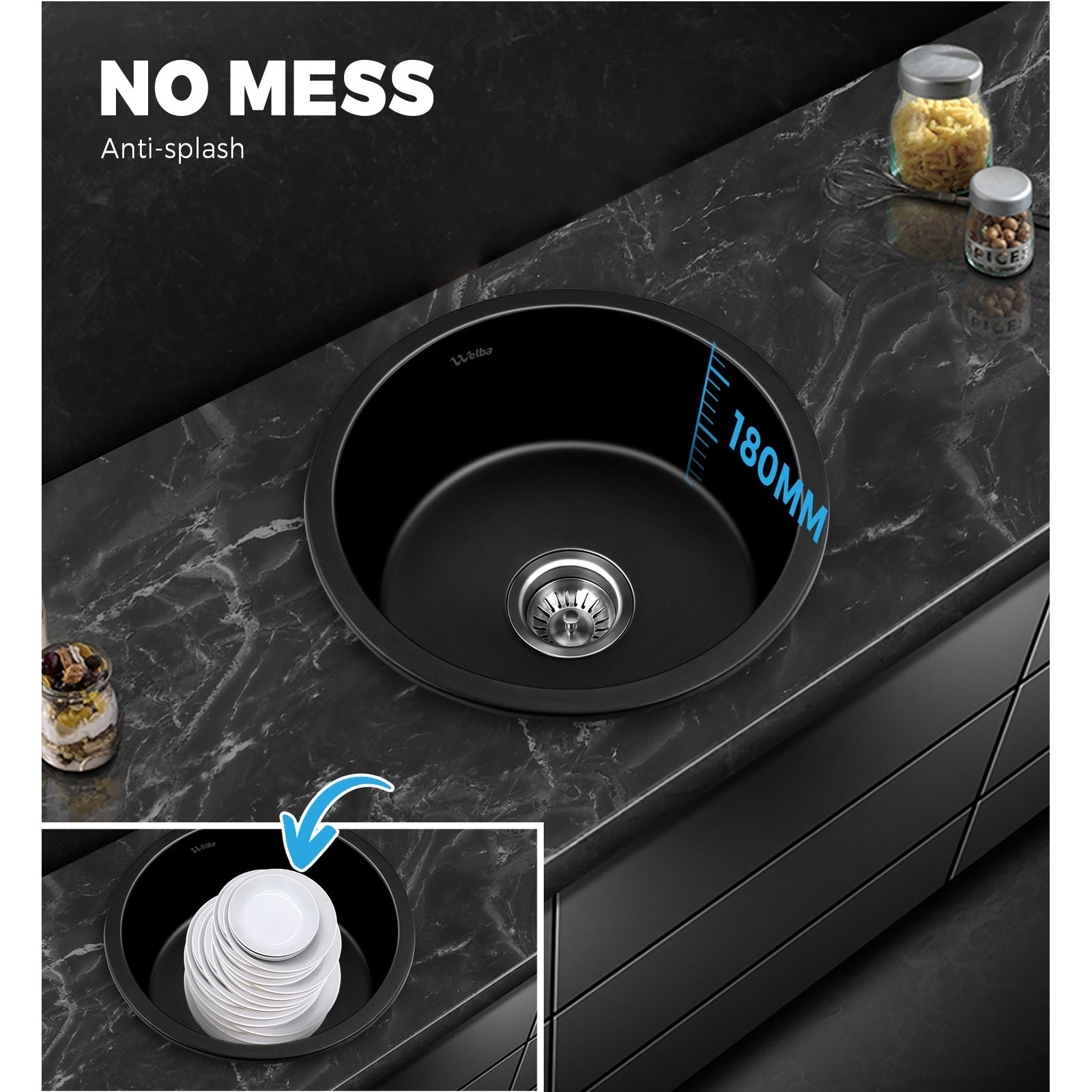 Welba Kitchen Granite Sink Stone Bathroom Basin Sink Single Bowl Under/Top Mount - Sunyee