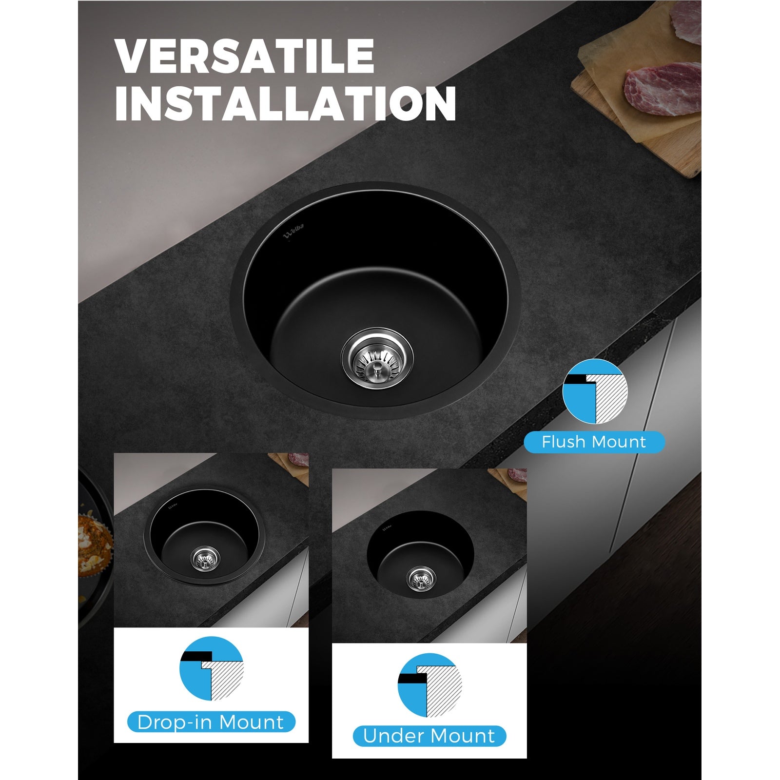 Welba Kitchen Granite Sink Stone Bathroom Basin Sink Single Bowl Under/Top Mount - Sunyee