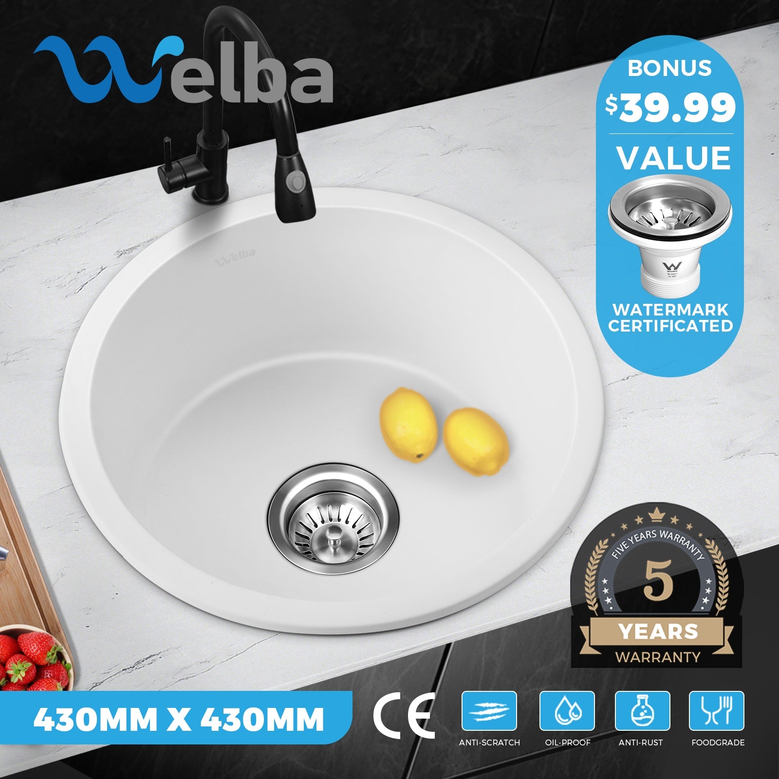 Welba Kitchen Sink Basin Stone Sink Bathroom Laundry Single Double Bowl - Sunyee