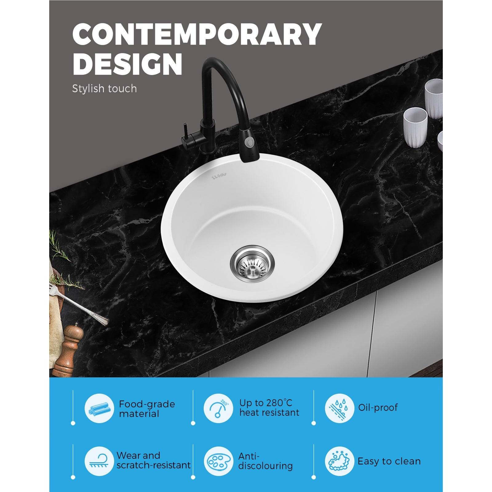 Welba Kitchen Granite Sink Stone Bathroom Basin Sink Single Bowl Under/Top Mount - Sunyee