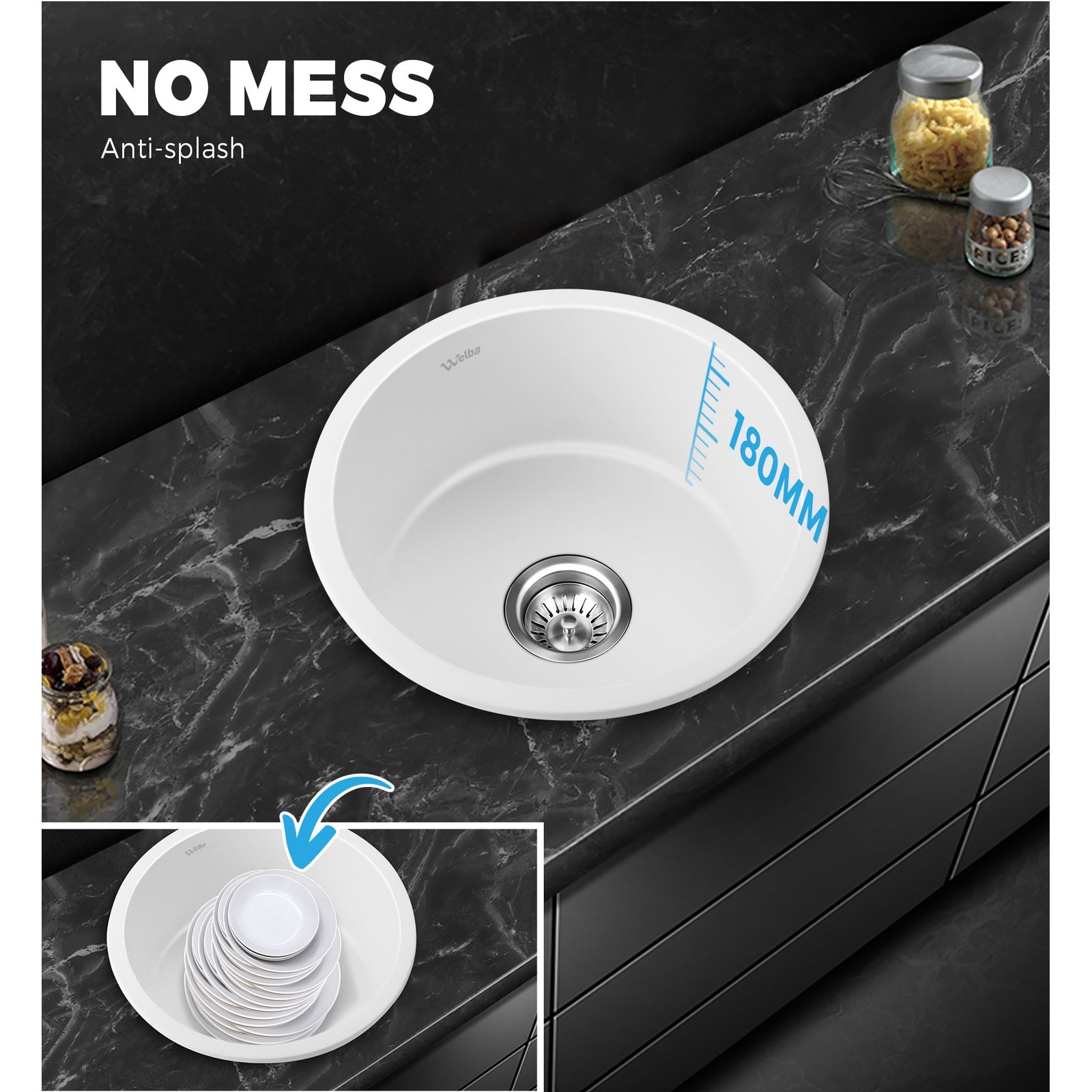 Welba Kitchen Granite Sink Stone Bathroom Basin Sink Single Bowl Under/Top Mount - Sunyee